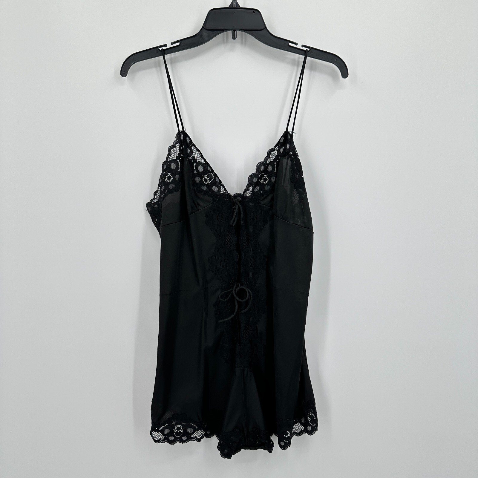 Vtg Flair Romper Teddy M Black Floral Lace Lingerie One Piece Front Tie ILGWU