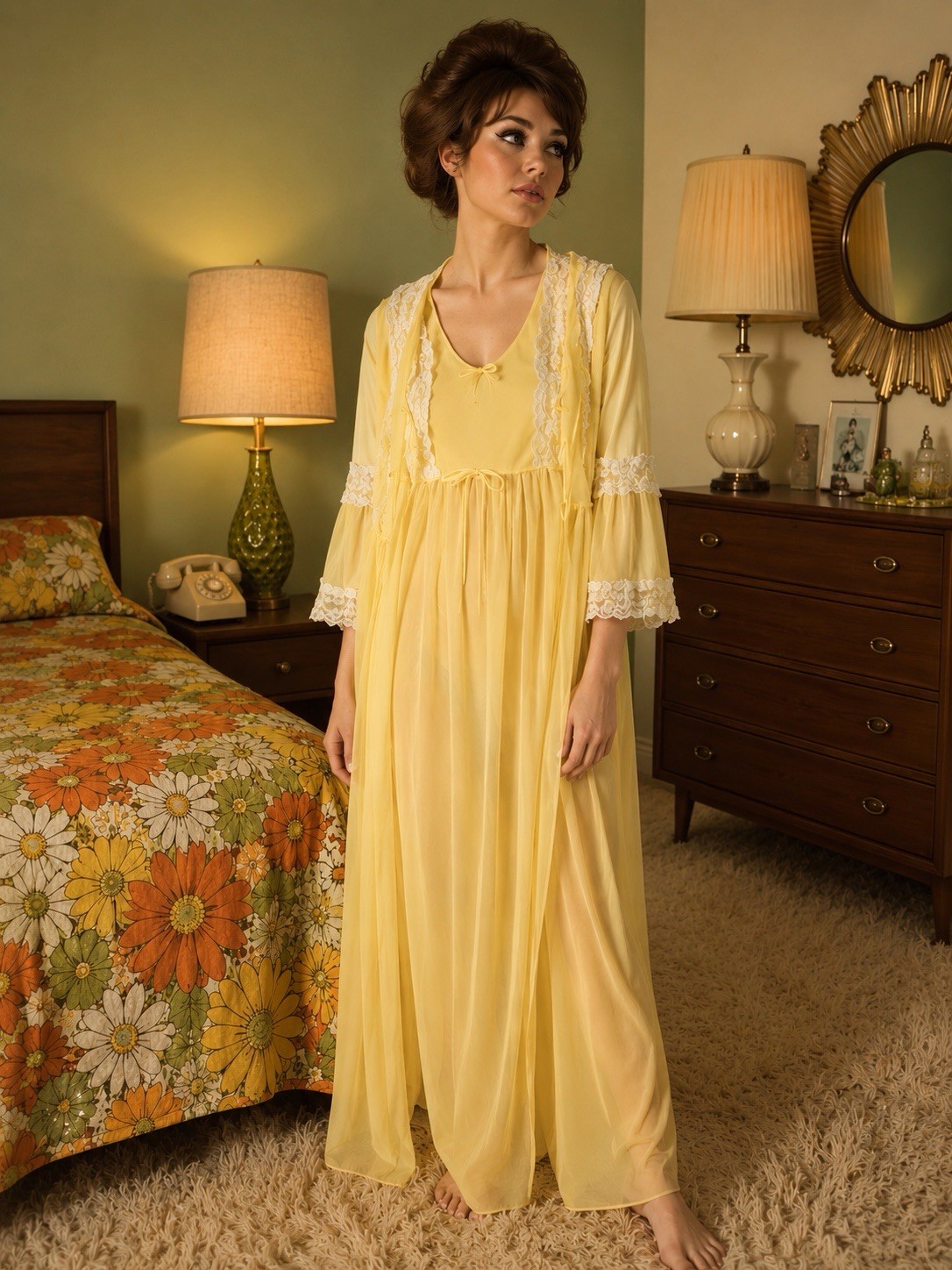 Vintage 60s yellow Chiffon Peignoir set layered lace ruffle Nightgown robe Small