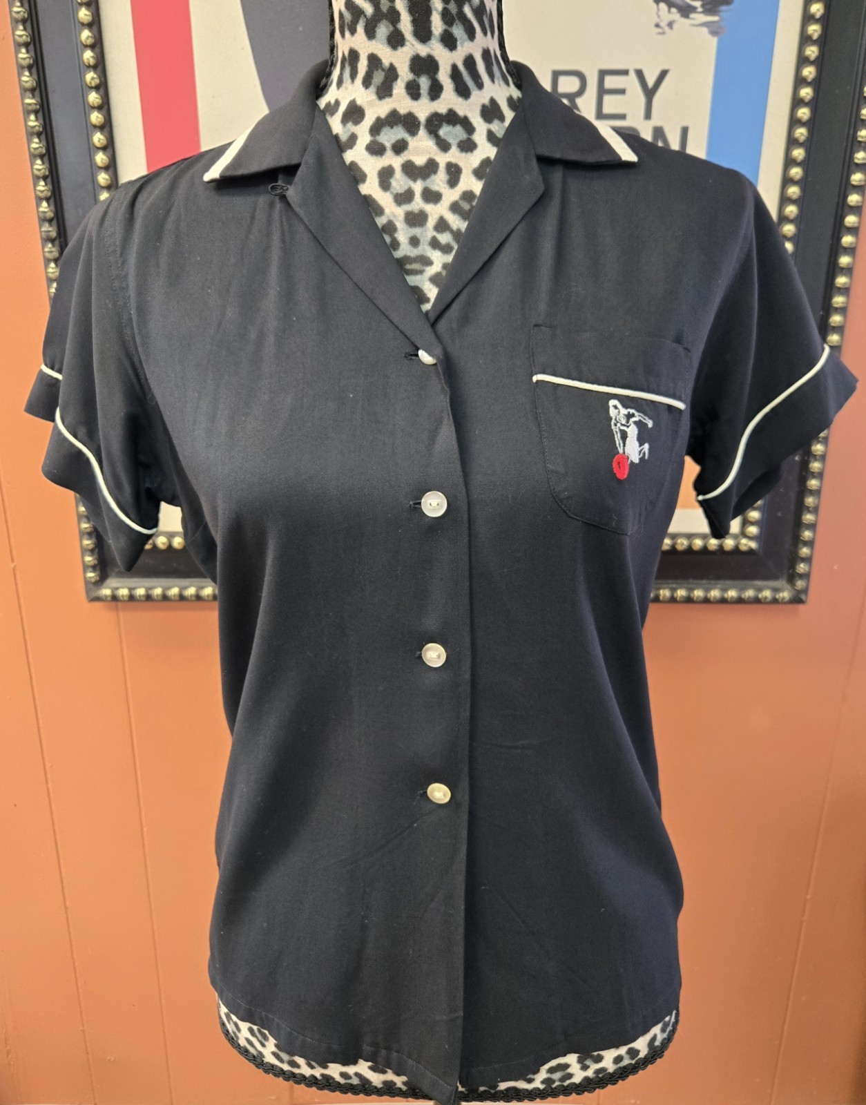 Vint. Crown Prince Women Bowling Shirt S(34) Black/White Embroidery And Appliqué