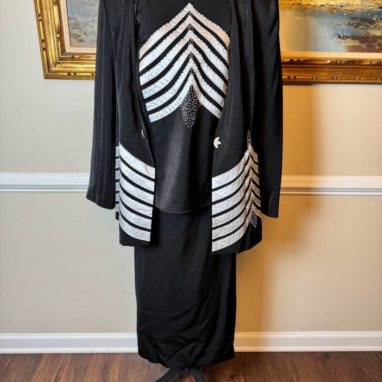 Proverbs Vintage 3 Piece Skirt Suit Black Silver Rhinestone Chevron Womens 18W