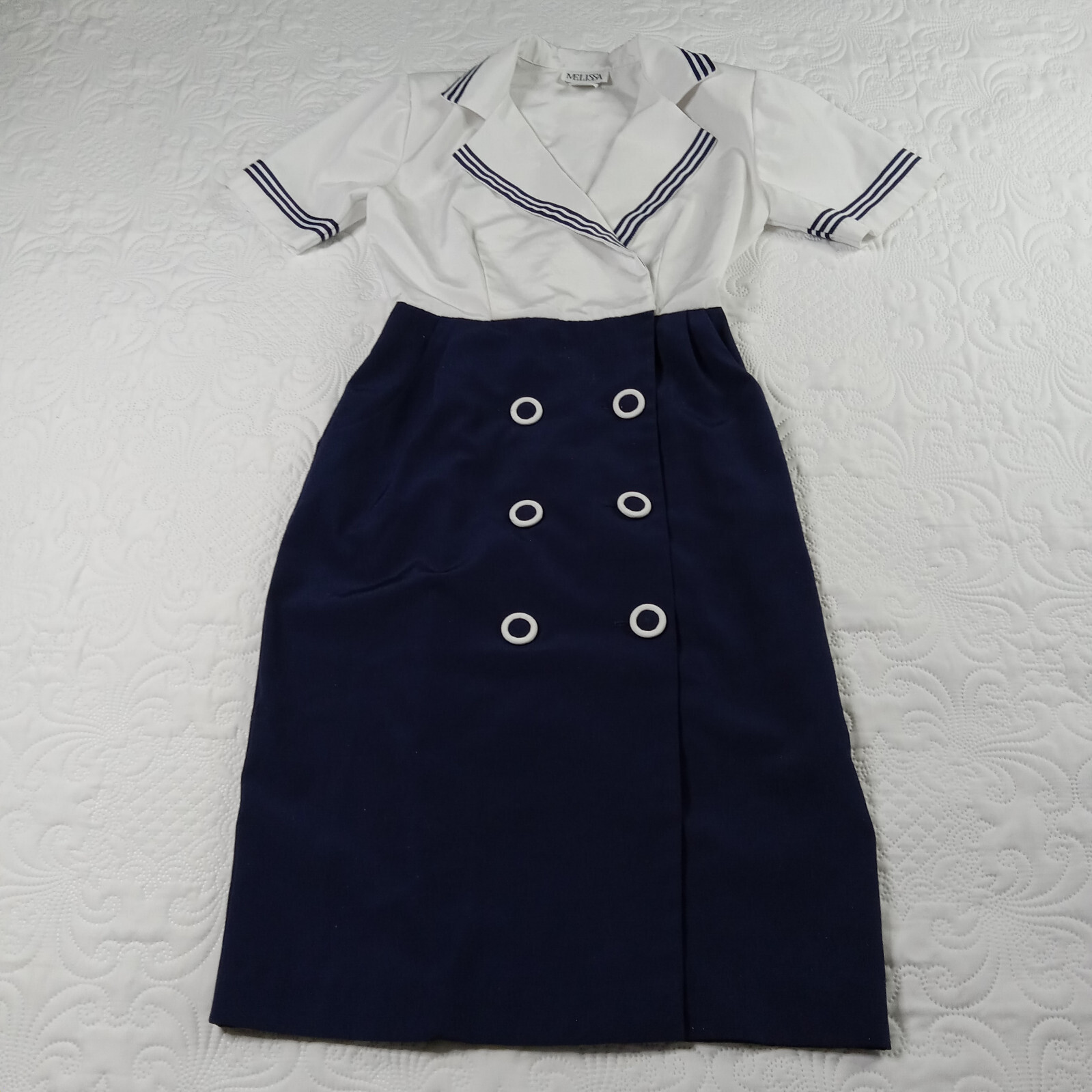 Melissa A-Line Dress Womens 6 Sailor Collar/Lapel White Navy Trim Vtg 80s USA