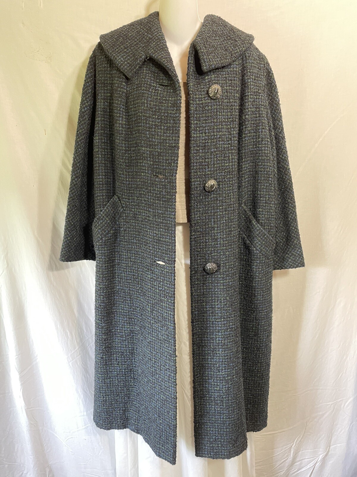 Vintage Coat Size Medium Large Long Wool Black Blue Green Gingham Overcoat M L