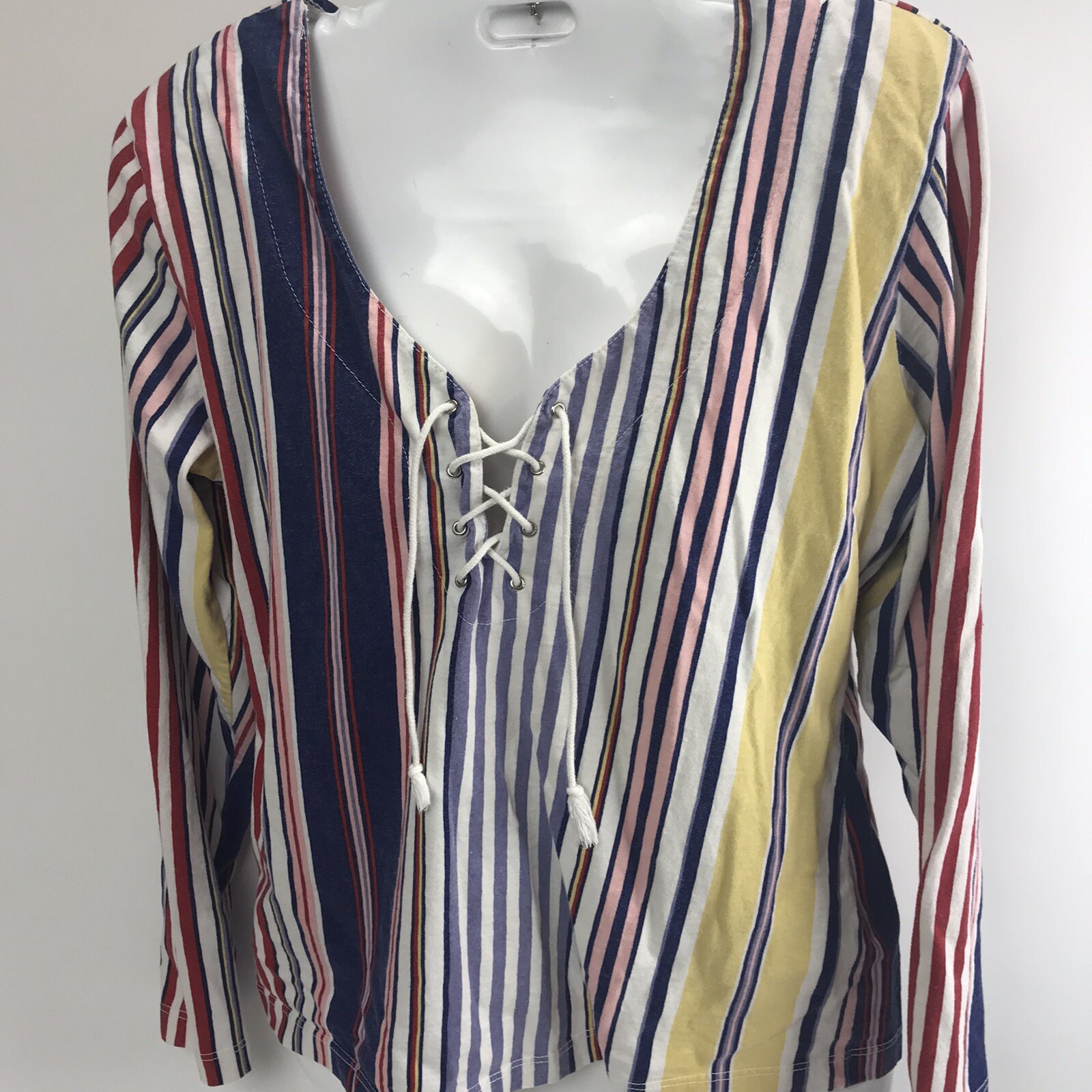 Vtg Top Star Cody 90s L Striped Pullover Lace-Up Front tee blouse long slv USA