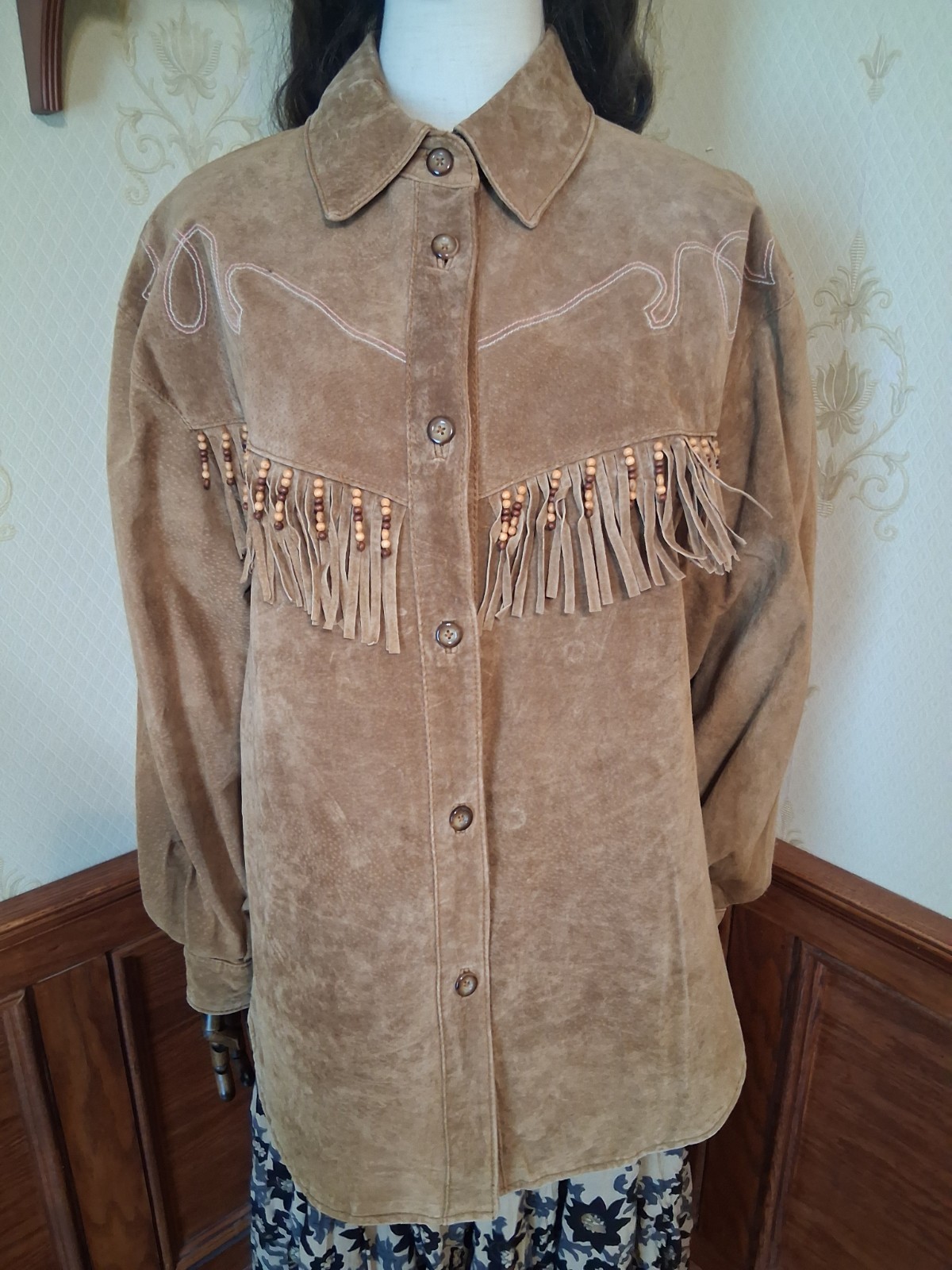 Vintage 1990s Comint Brown Suede Fringed Beaded Hippie Western Grunge Coat