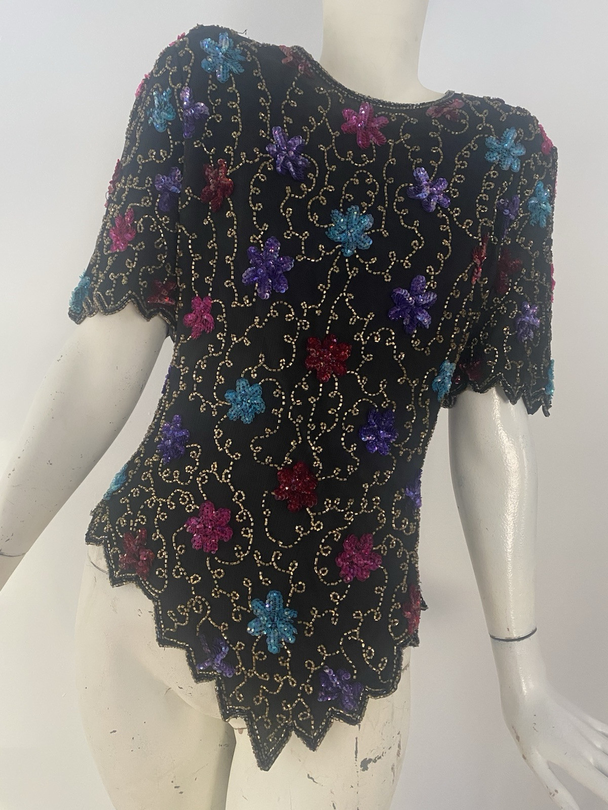 vintage laurence kazar beaded top shirt black silk sequin 80s India Boho Glam