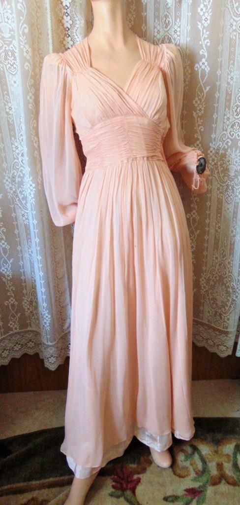 1940s ORIGINAL DESIGN PINK CHIFFON LONG DRESS PUFF BALLOON SLEEVES 24 W