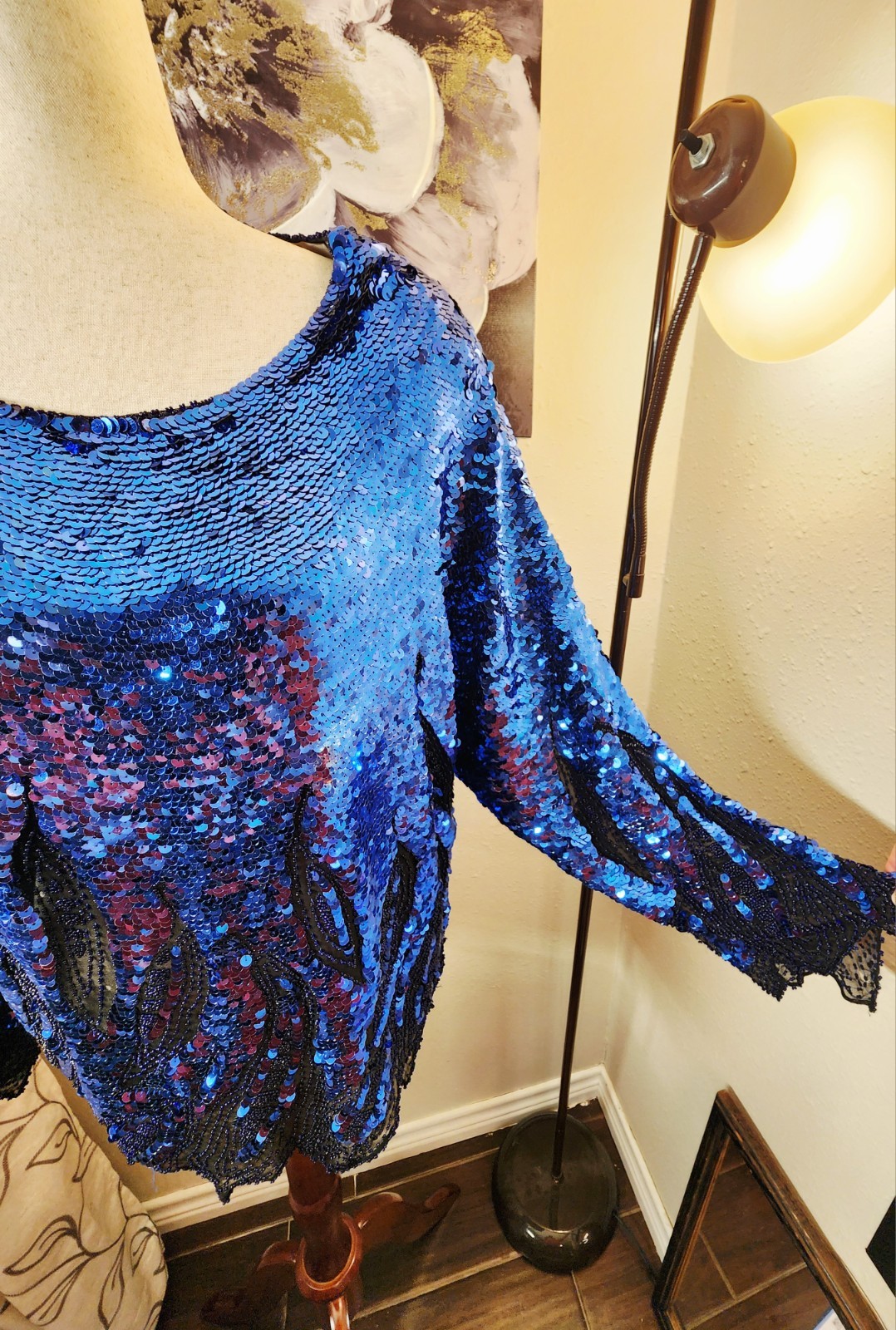 Vintage Oleg Cassini Black Tie Blue Sequin Flame Top XL Silk Beaded Trophy…