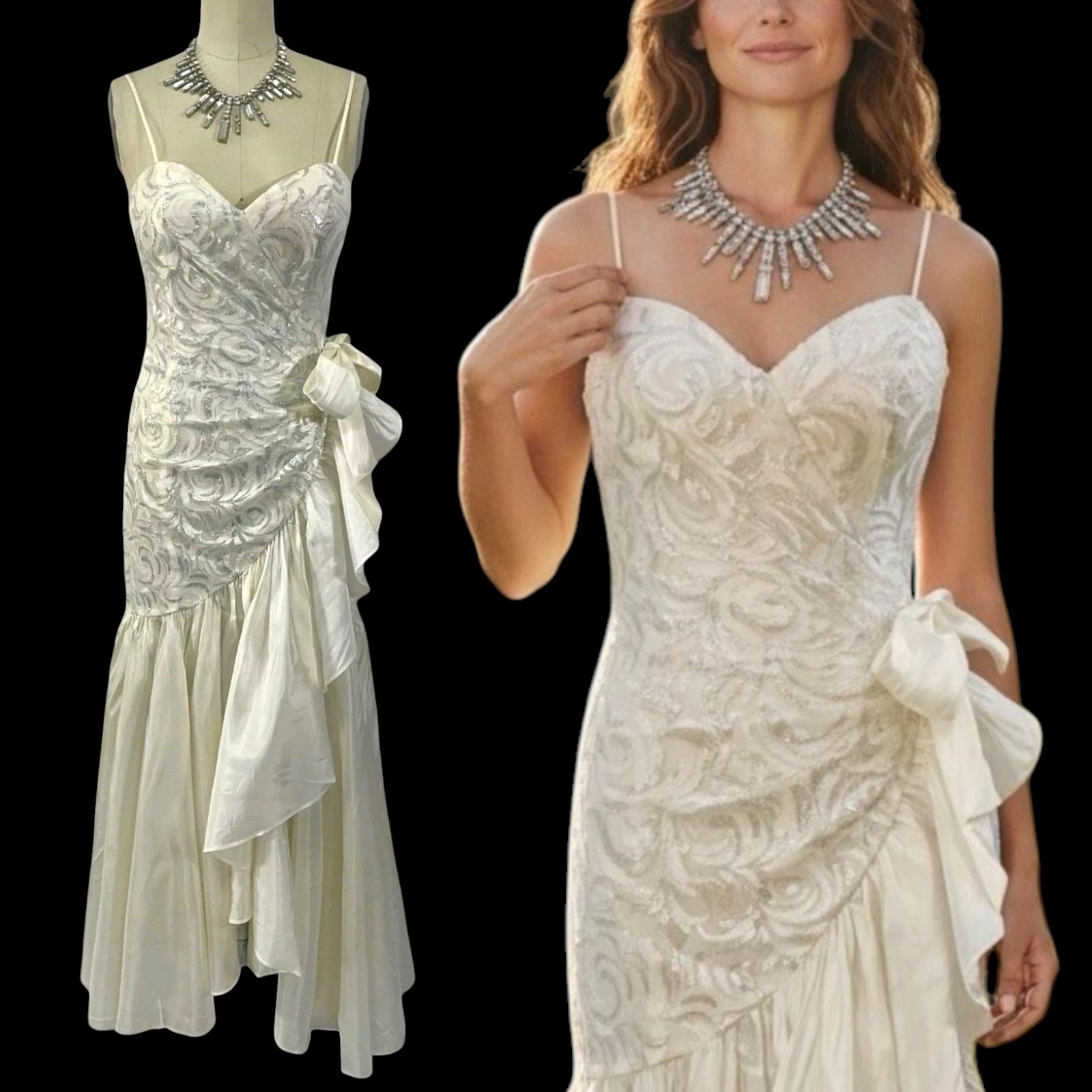 Vtg 80s Glamor Prom Gown Ruched Asymmetrical Ruffle Long Pin Up Evening Dresses