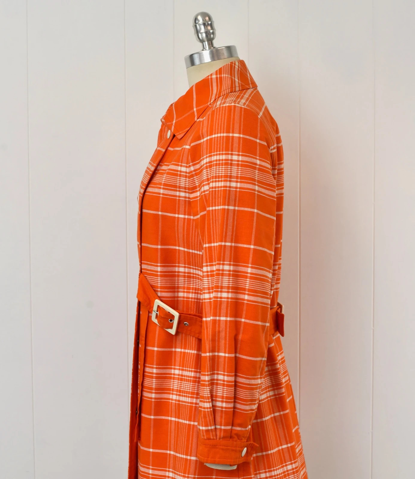 1970s Courreges Hyperbole Orange White Plaid Cotton Coat Jacket Dress