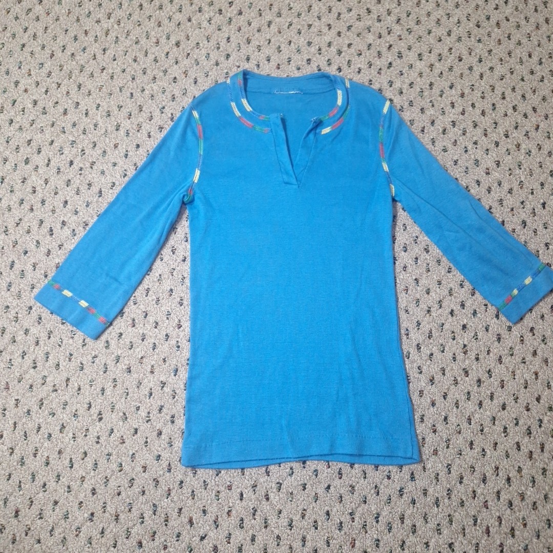 Vtg 70&rsquo;s Boho Split V-Neck 3/4 Sleeve Womens Top M