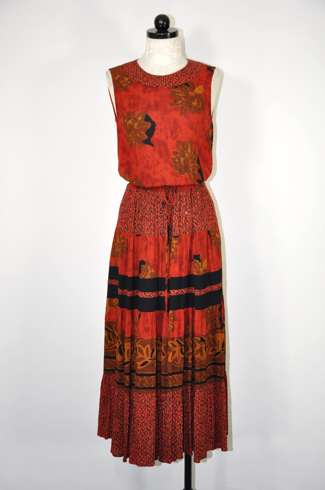90s Vintage Rust Red Rayon Autumn Leaf Print Sleeveless Midi Dress Women S M