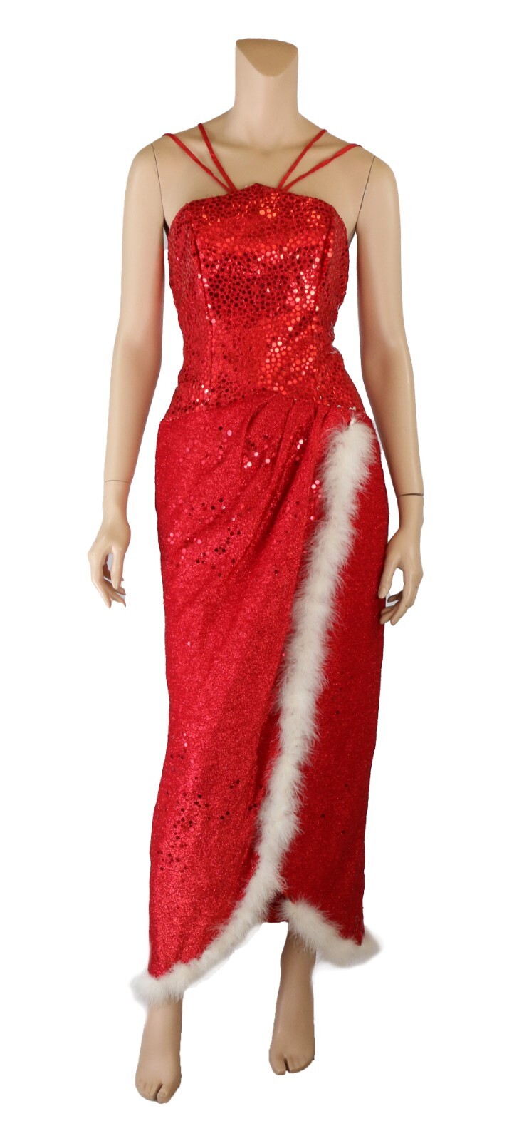 Flirtations Vintage 80s 90s Red Sequin White Feather Holiday Party Prom Dress 10