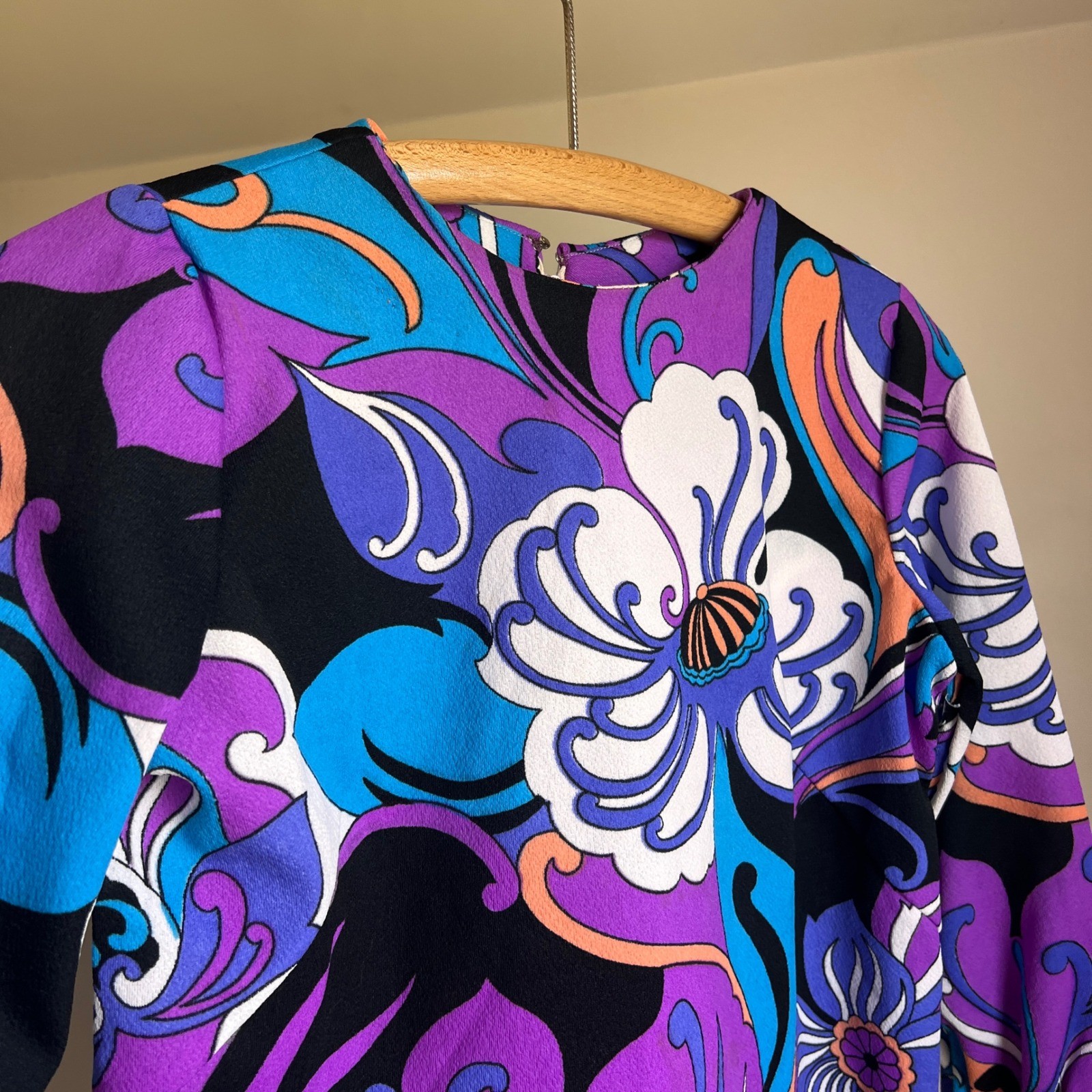 Vintage Psychedelic Print Hippie Top Small Purple Floral Mod 60s 70s Blouse