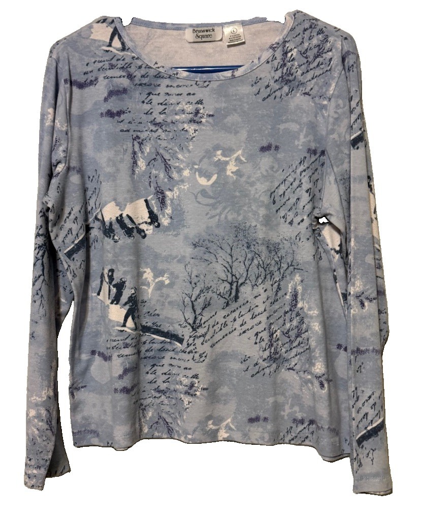 Brunswick Square Blue Letter Script L Pullover Long Sleeve Shirt Boat Neck Top