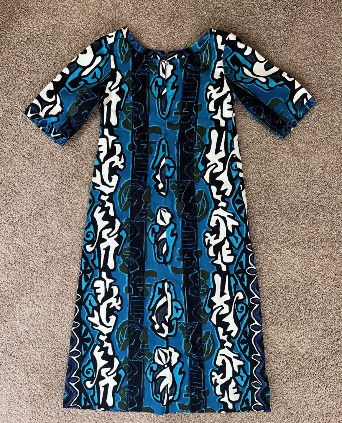 Hawaii Resort Shop Blue Geometric Midi Cotton Hawaiian Aloha Dress-32&Prime; Chest
