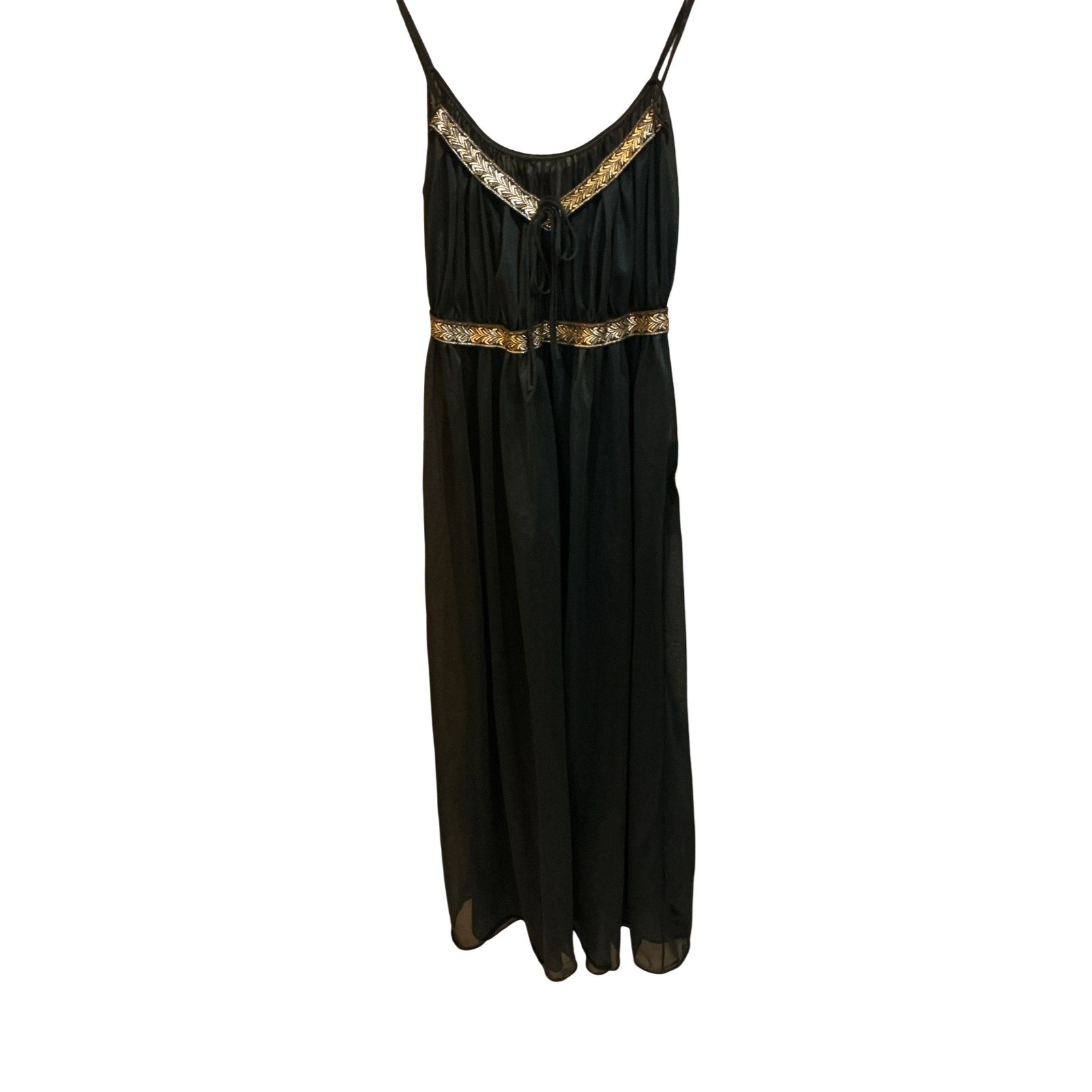 Vintage Black Sheer Empire Waist Nightgown Gold Laurel Leaf Embroidery Small