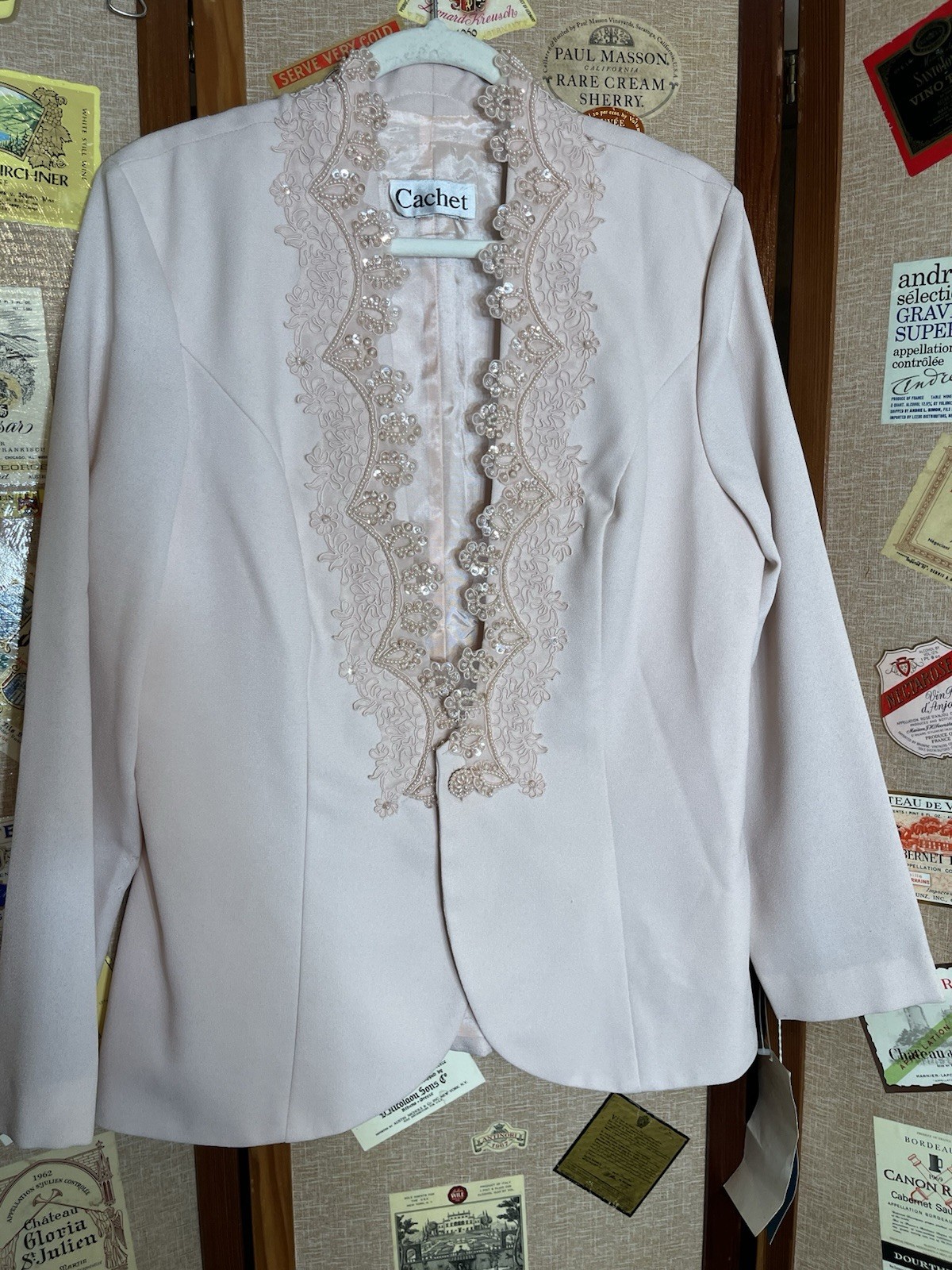 Cachet Evening Jacket Pink Lace Pearl Beaded Bridal Mother of Bride Sz L