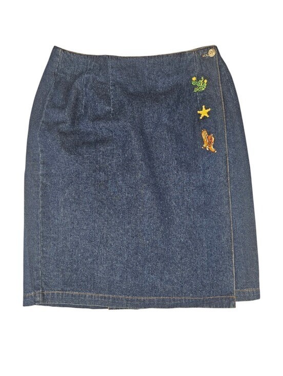 Y2K 90s Vintage 100% Cotton Denim Western Cowboy Boots Cactus Embroidered Skirt