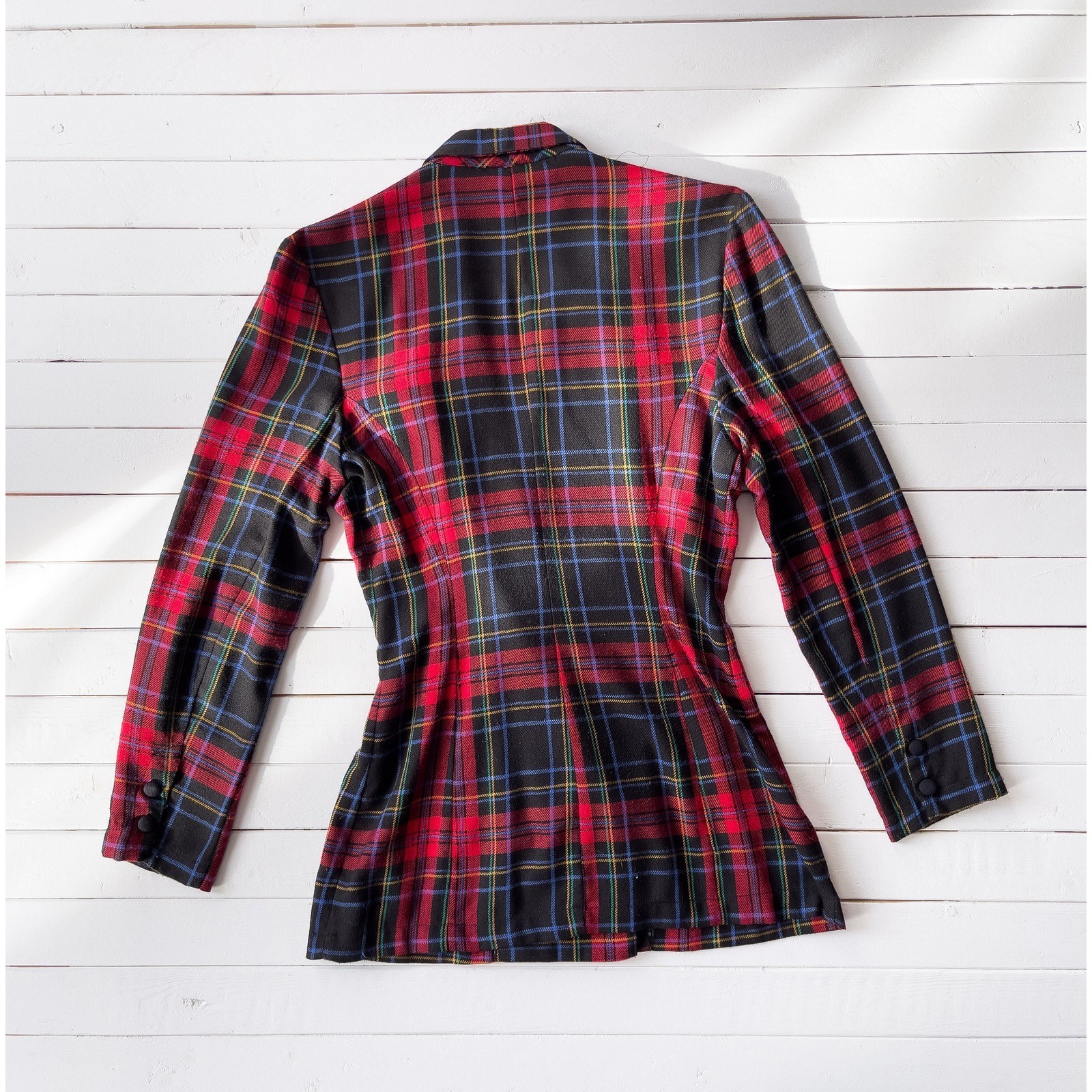 plaid flannel jacket 90s vintage Paris Blues red black plaid nipped waist blazer