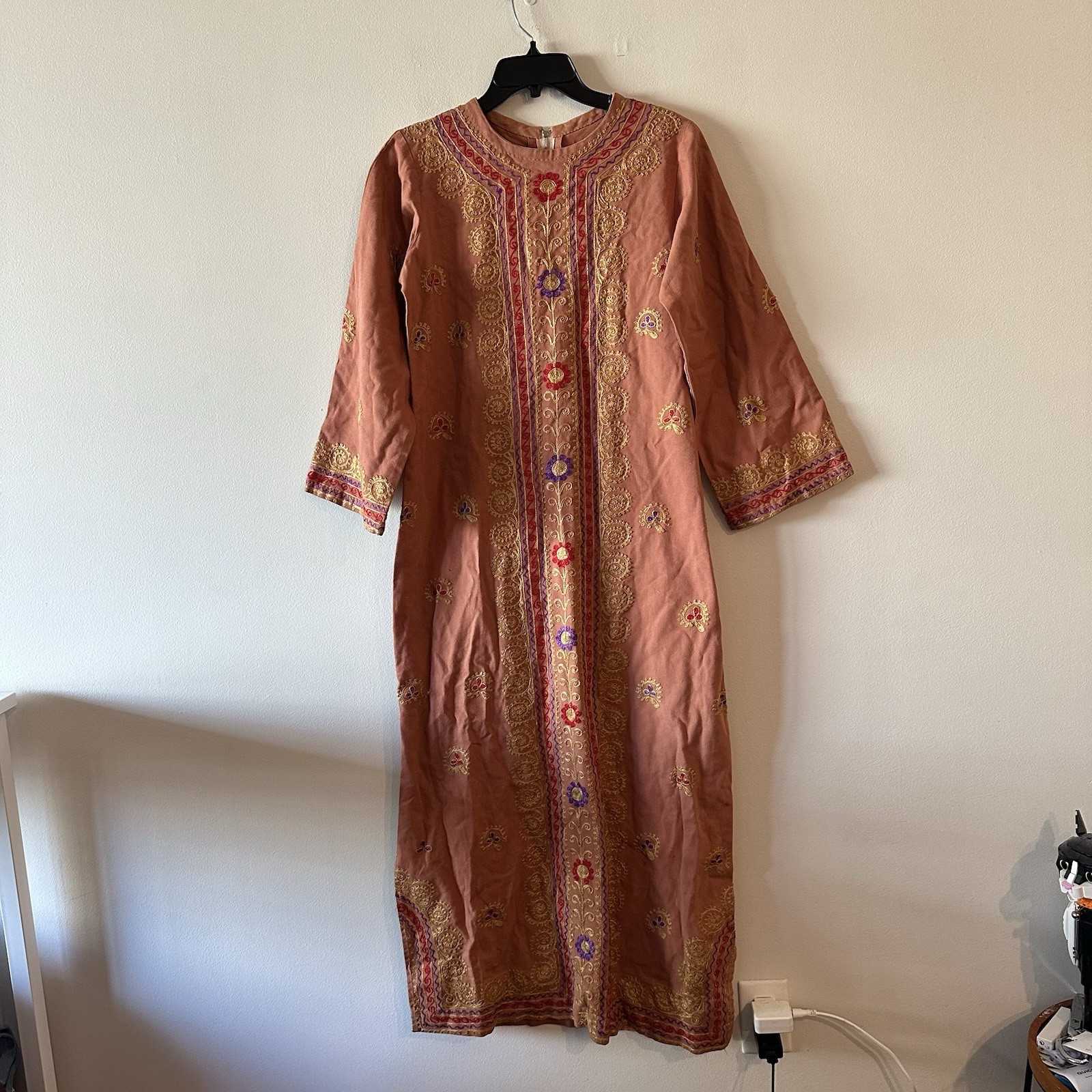 Vintage Handmade 60s 70s Embroidered Cotton Canvas Orange Kaftan Tunic Dress S?