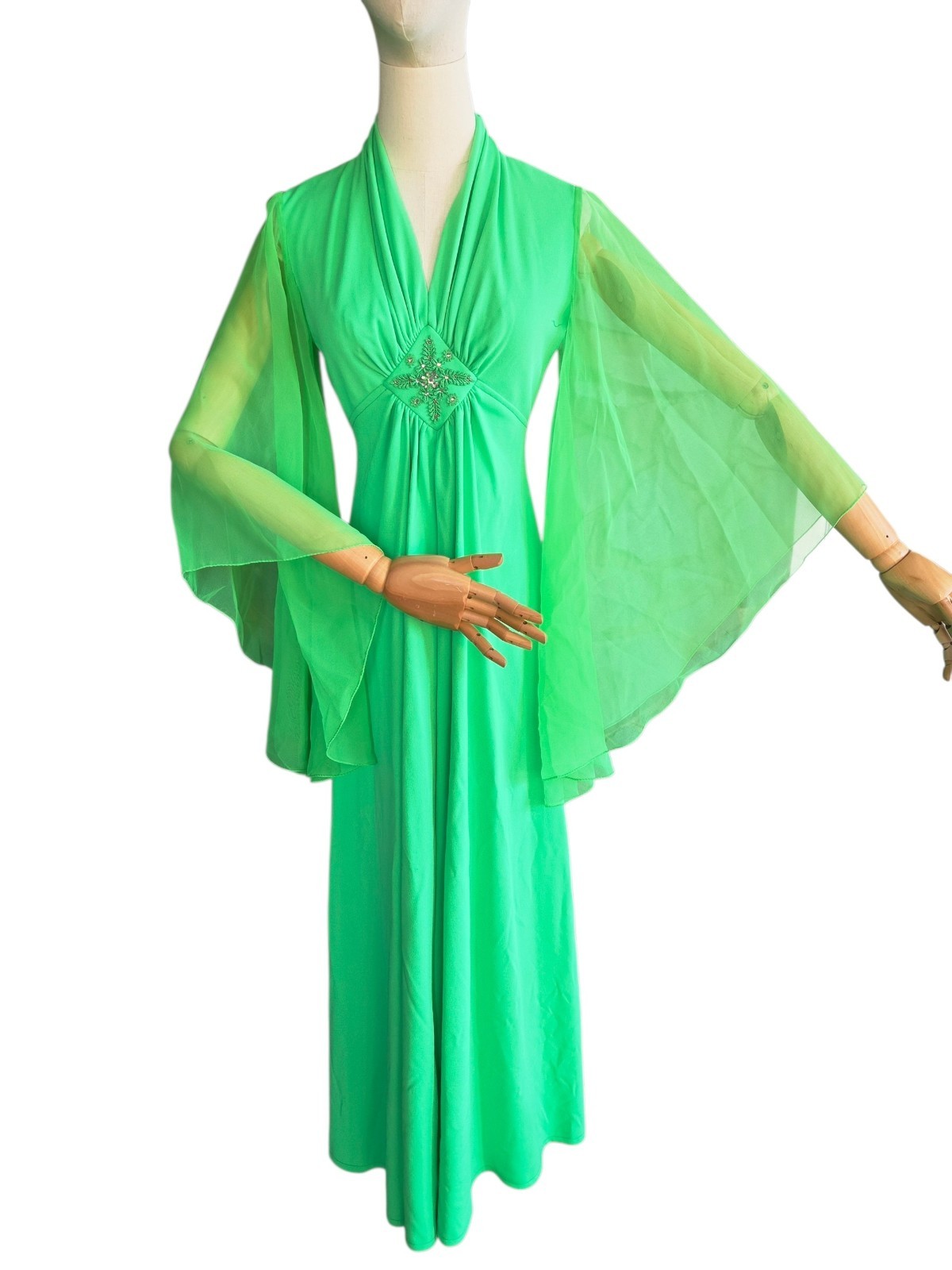 Vintage 1970s Lime Green Maxi Dress Sheer Angel Bell Sleeves Size 7/8 Home Made