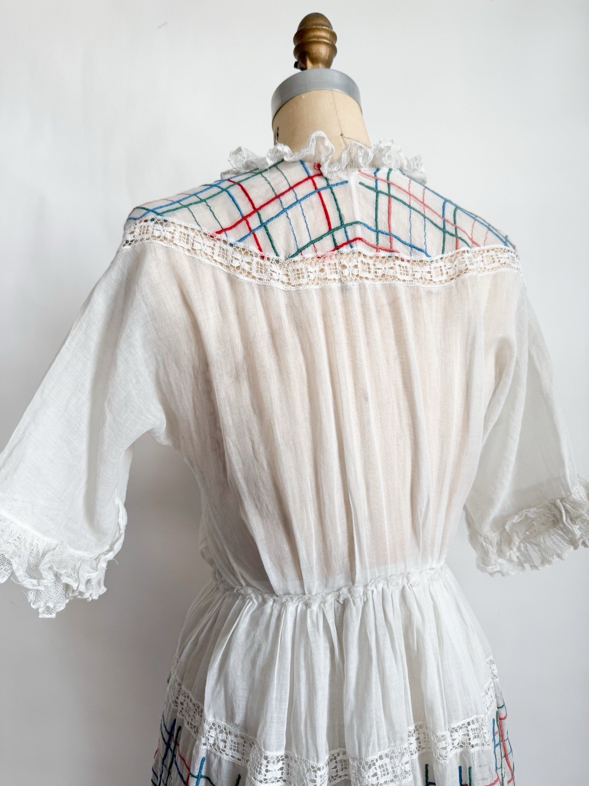Antique Edwardian 1910s Cotton Voile Dress Colorful Embroidery Over Skirt XXS