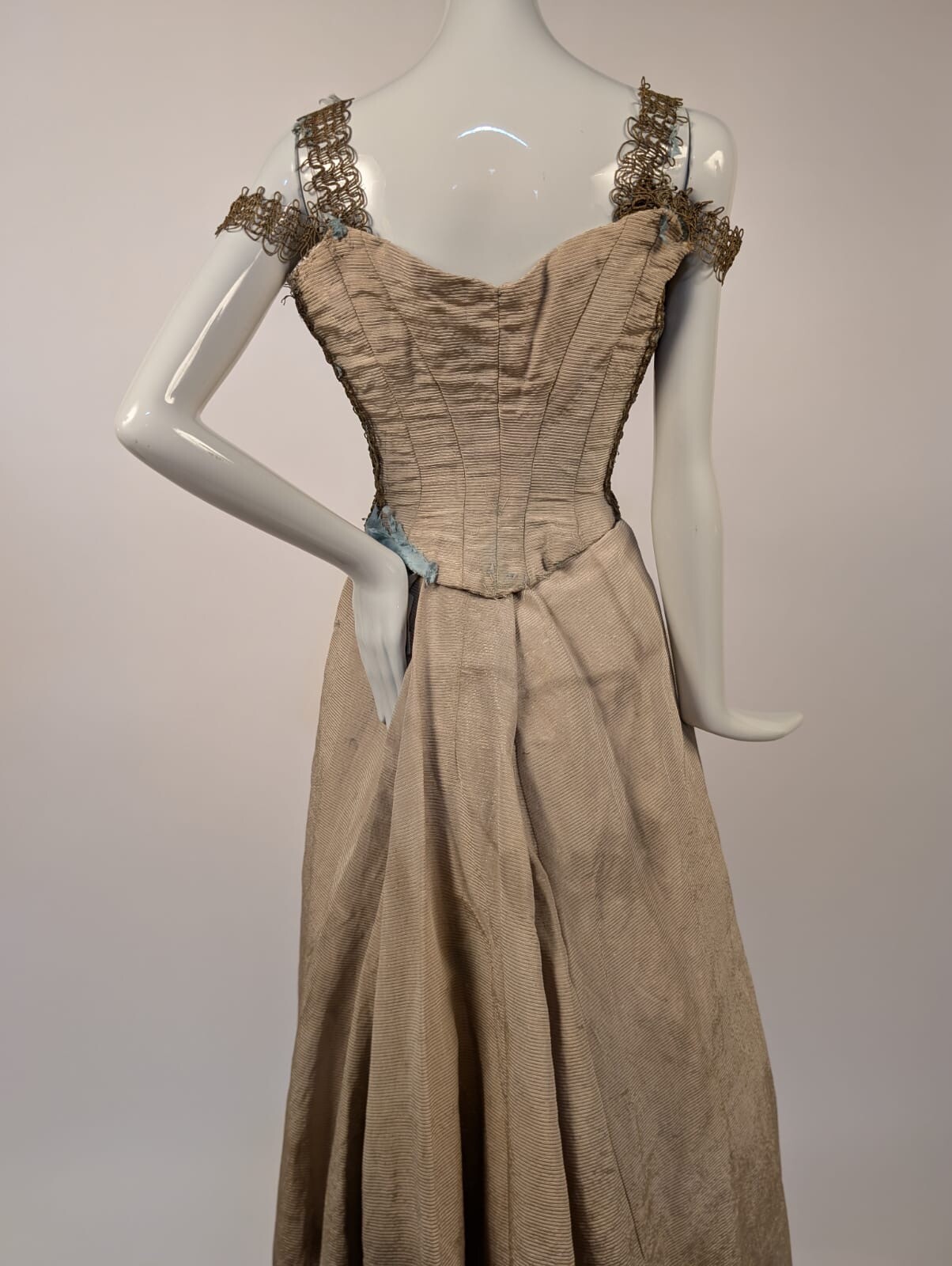 UNUSUAL VICTORIAN 1880’S SILK FAILLE + METALLIC GOLD BRAID BUSTLE DRESS