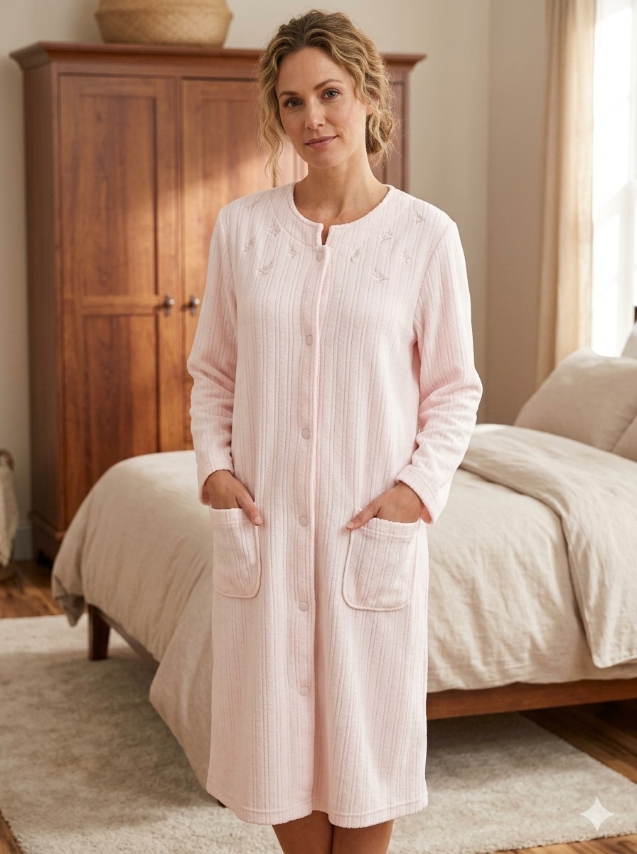 Vtg Miss Elaine Heavenly Bodies Terry Robe Snap Closure Pink W/ Embroidery Sz M