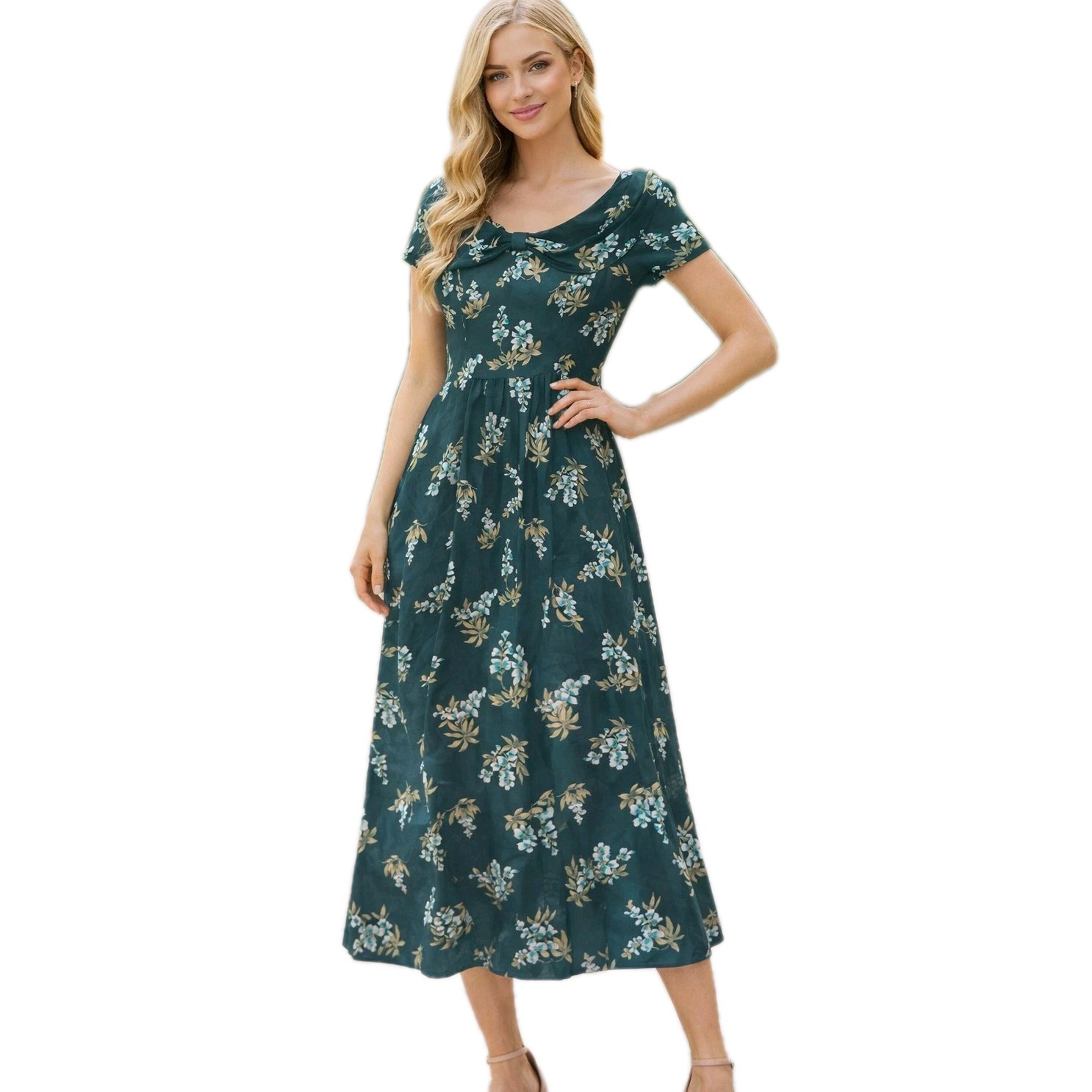 Vintage Susan Bristol womens 6 S/M green floral midi dress shoulder pads