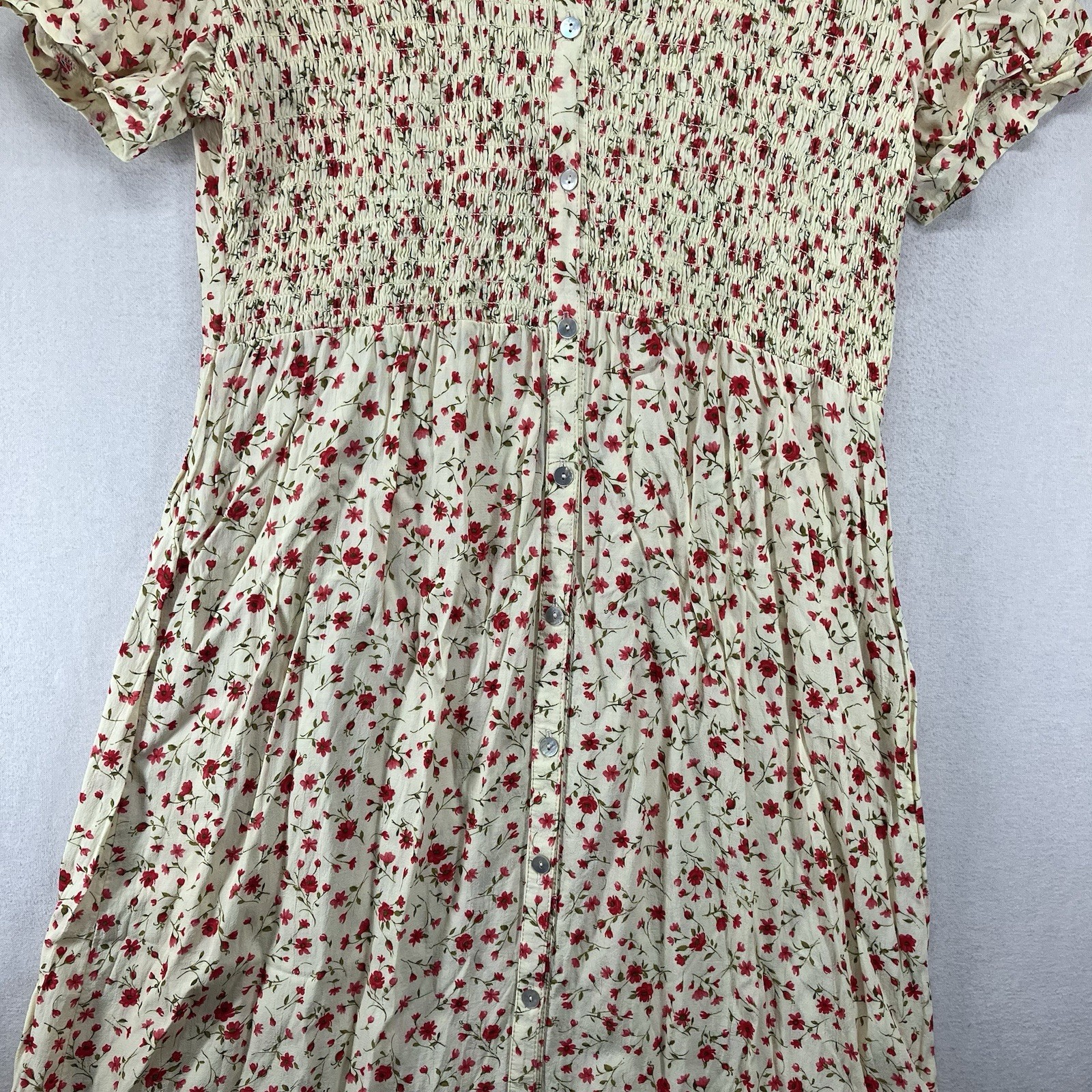 Vintages 90s Cream Floral Cottagecore Midi Dress Button Front Sz 14 All Rayon