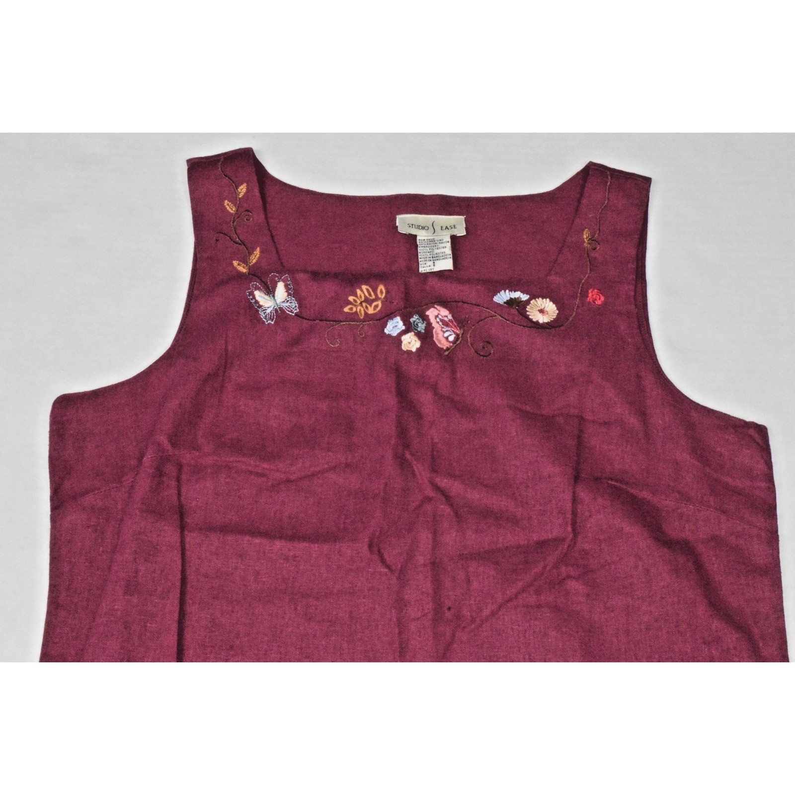 Vintage Dress Shirt Set Studio Ease Size 8 90s Wine Red Butterflies Linen Rayon