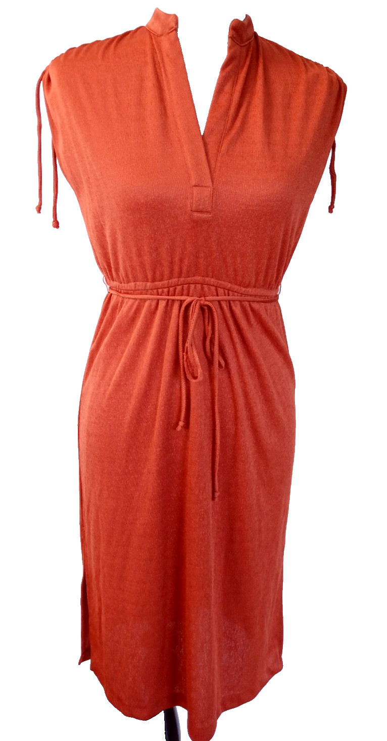 70s VTG Retro Disco Burnt Orange Rust Cinch Waist Dress Groovy Peasant 5 Small
