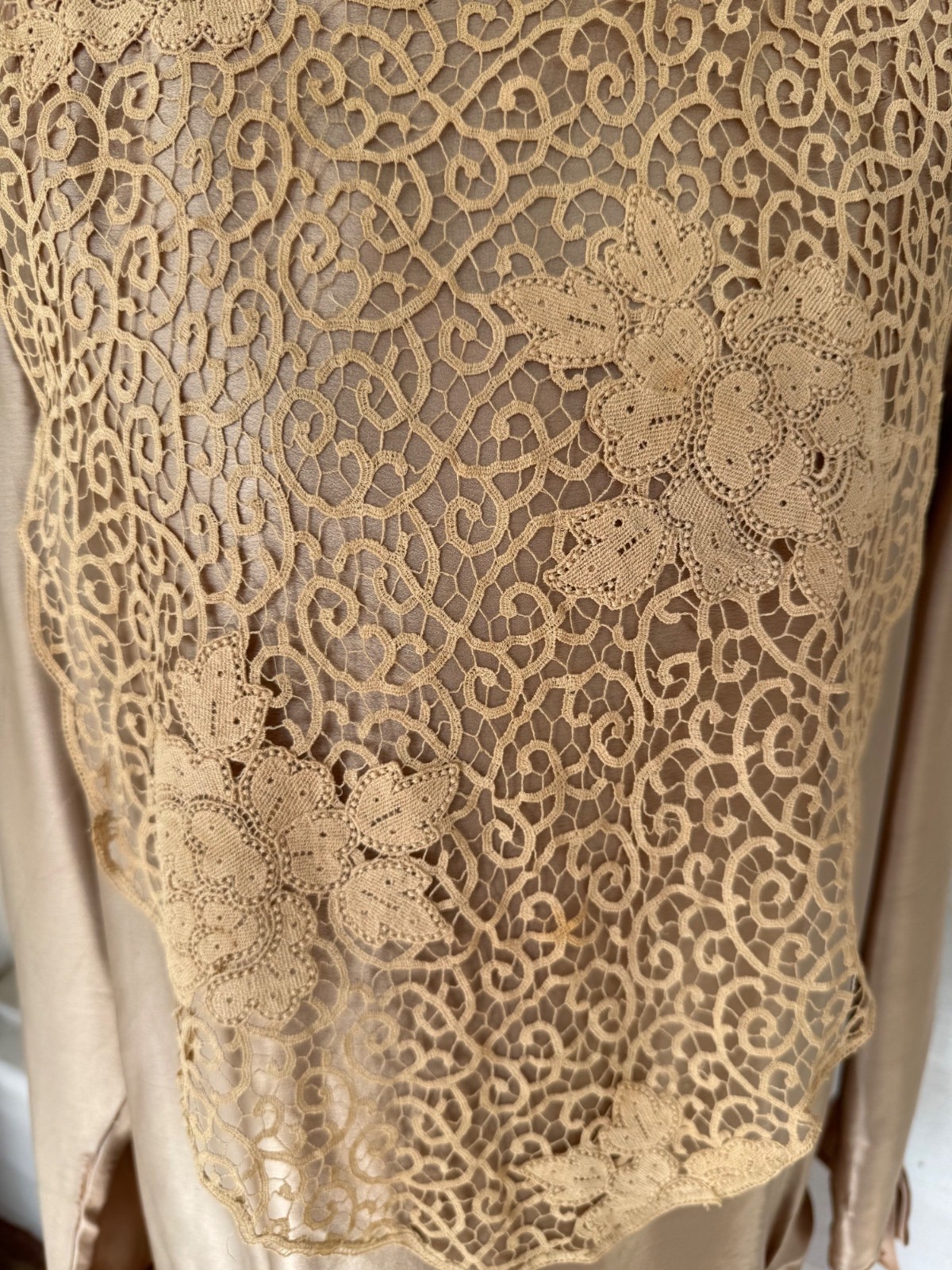 Antique 1920s Tan Silk Flapper Dress With Lace Yoke AS IS TLC Size M