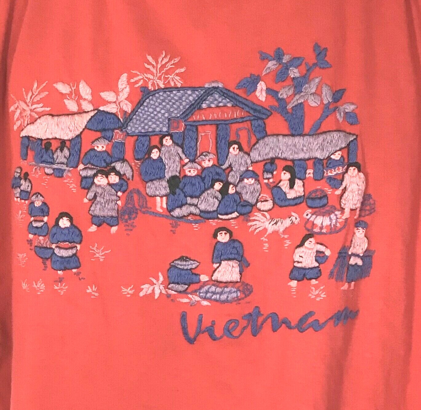Vintage Embroidered Red Women’s T Shirt Short Sleeve Vietnam Village, XL