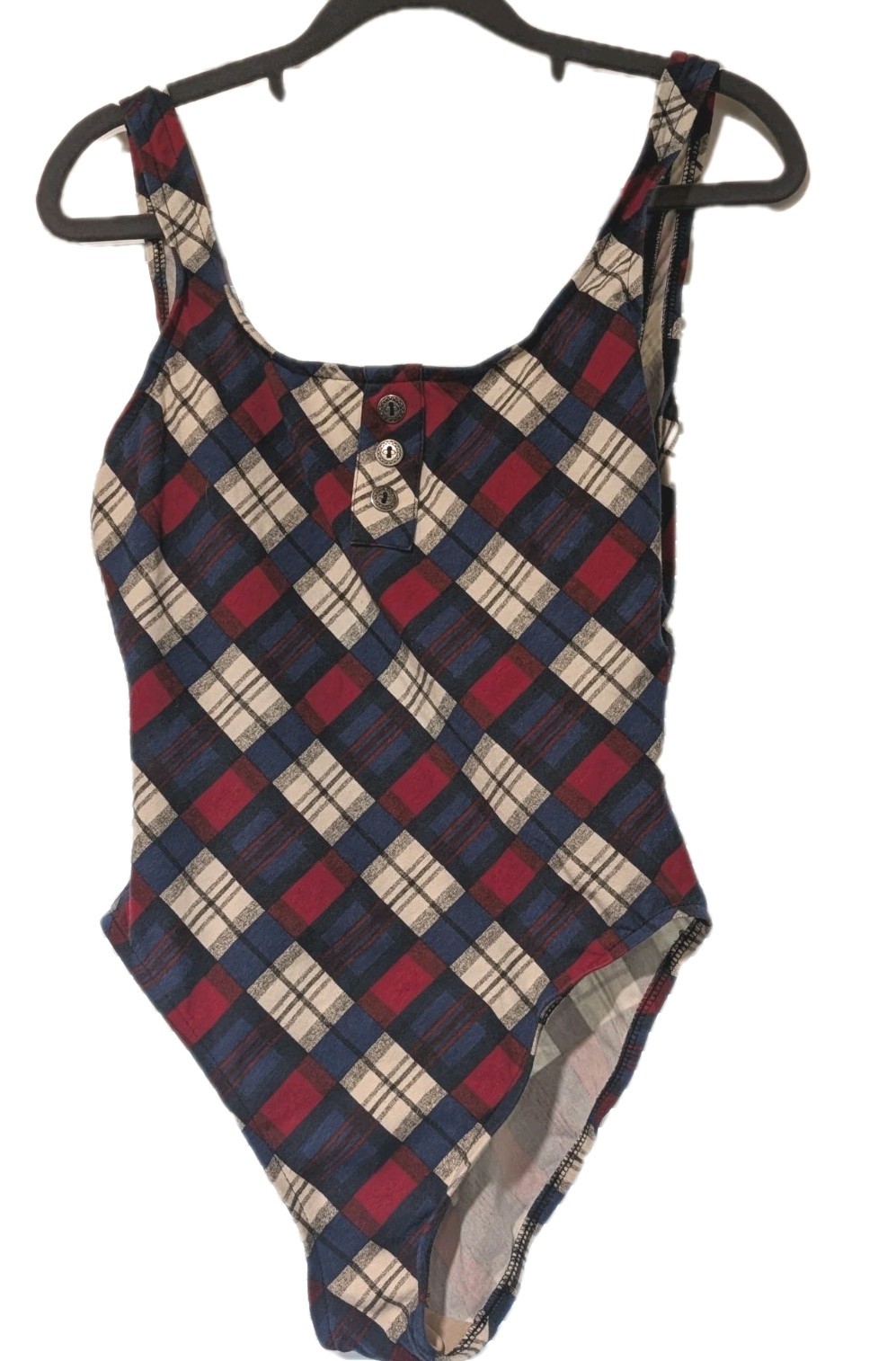 Vintage 90s Plaid High Leg One Piece Swimsuit Size 12 Buttons USA Cotton