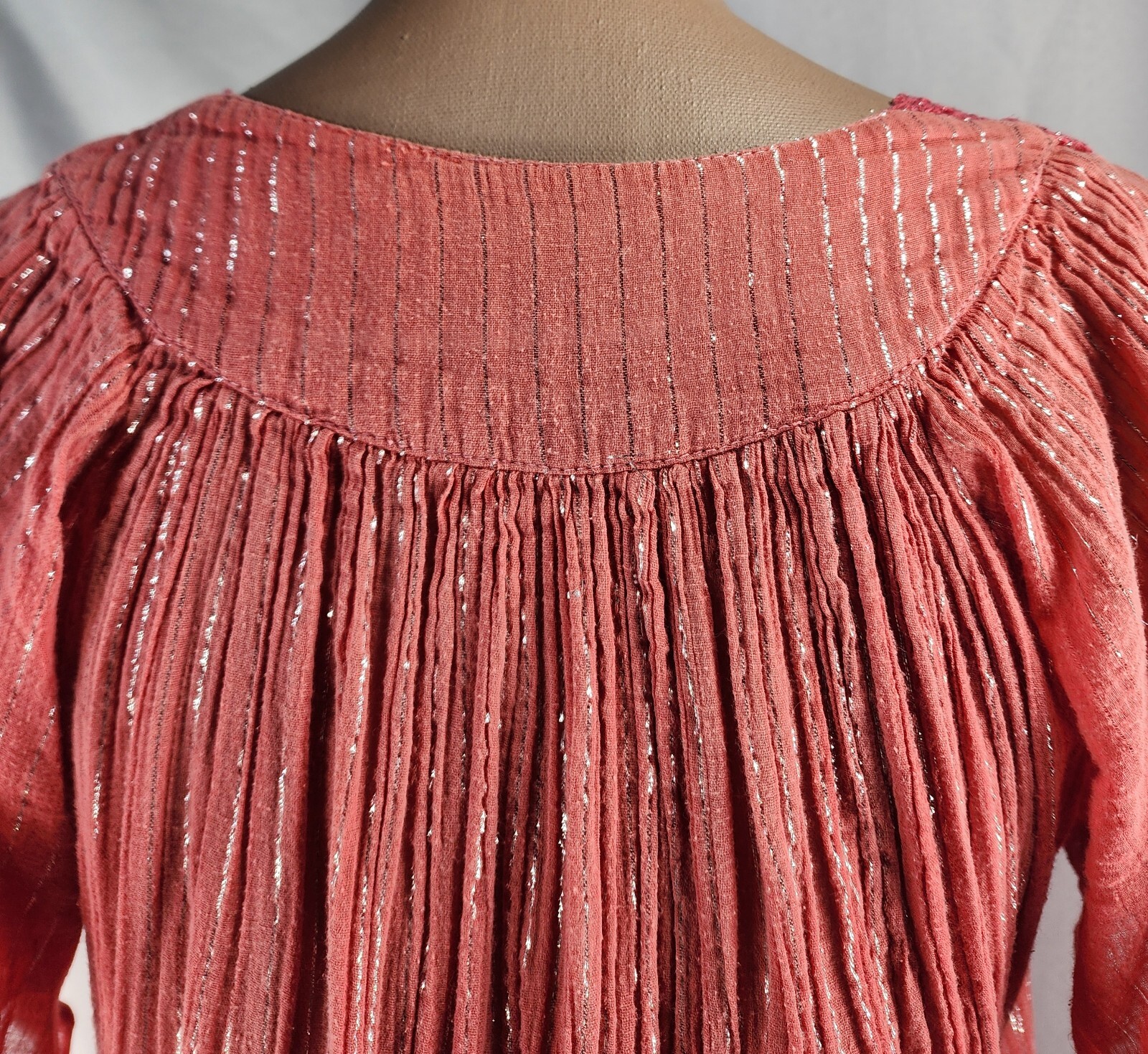 VTG 1960s Hippie Boho Festival Gauze Dress India Cotton Silver Threads LARGE