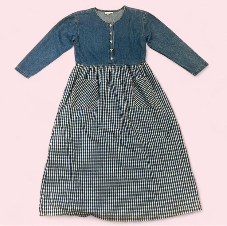 Vintage Denim Gingham Patchwork Maxi Dress Blue Cottagecore 90s
