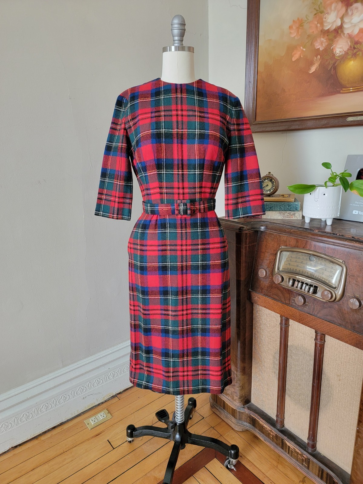 Vintage Pendleton Wool Red Plaid Wiggle Belted Dress 1950s 1960s Small USA