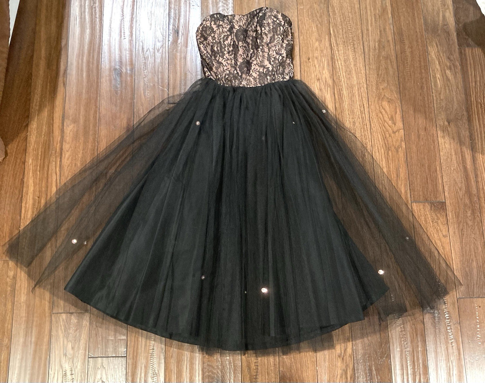 Vntg 1950s strapless party dress scoop back taffeta tulle overlay rhinestones