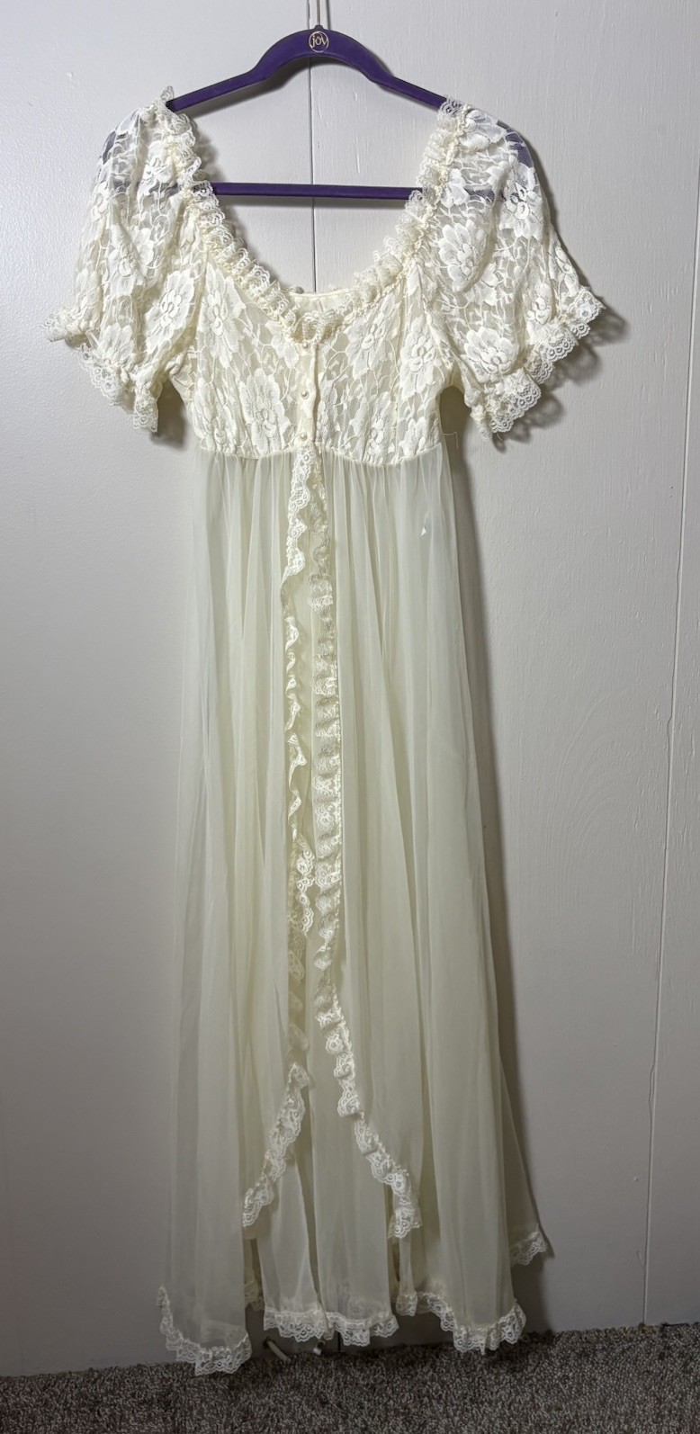 VTG Tosca Ivory Lace Peignoir Robe Sheer Romantic Bridal L 60s Victorian Duster
