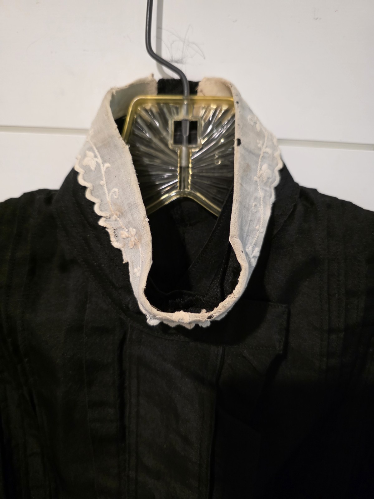 Antique 1890s Victorian Black Silk Mourning Bodice Blouse High Neck Pleated Lace
