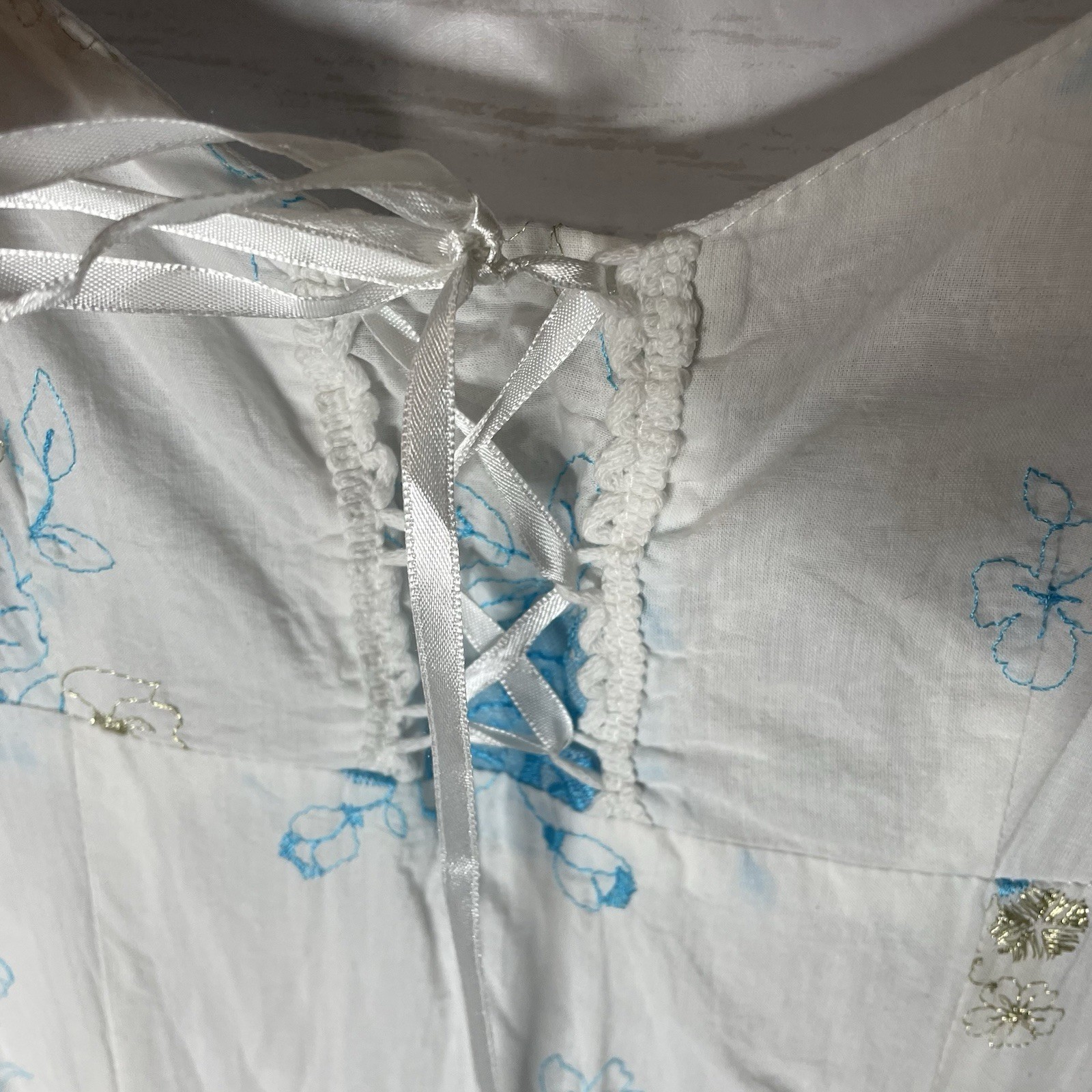 Vintage Griffin Paris Cottagecore Midi Dress Blue Floral Ruffle Hem Lace-Up Bust