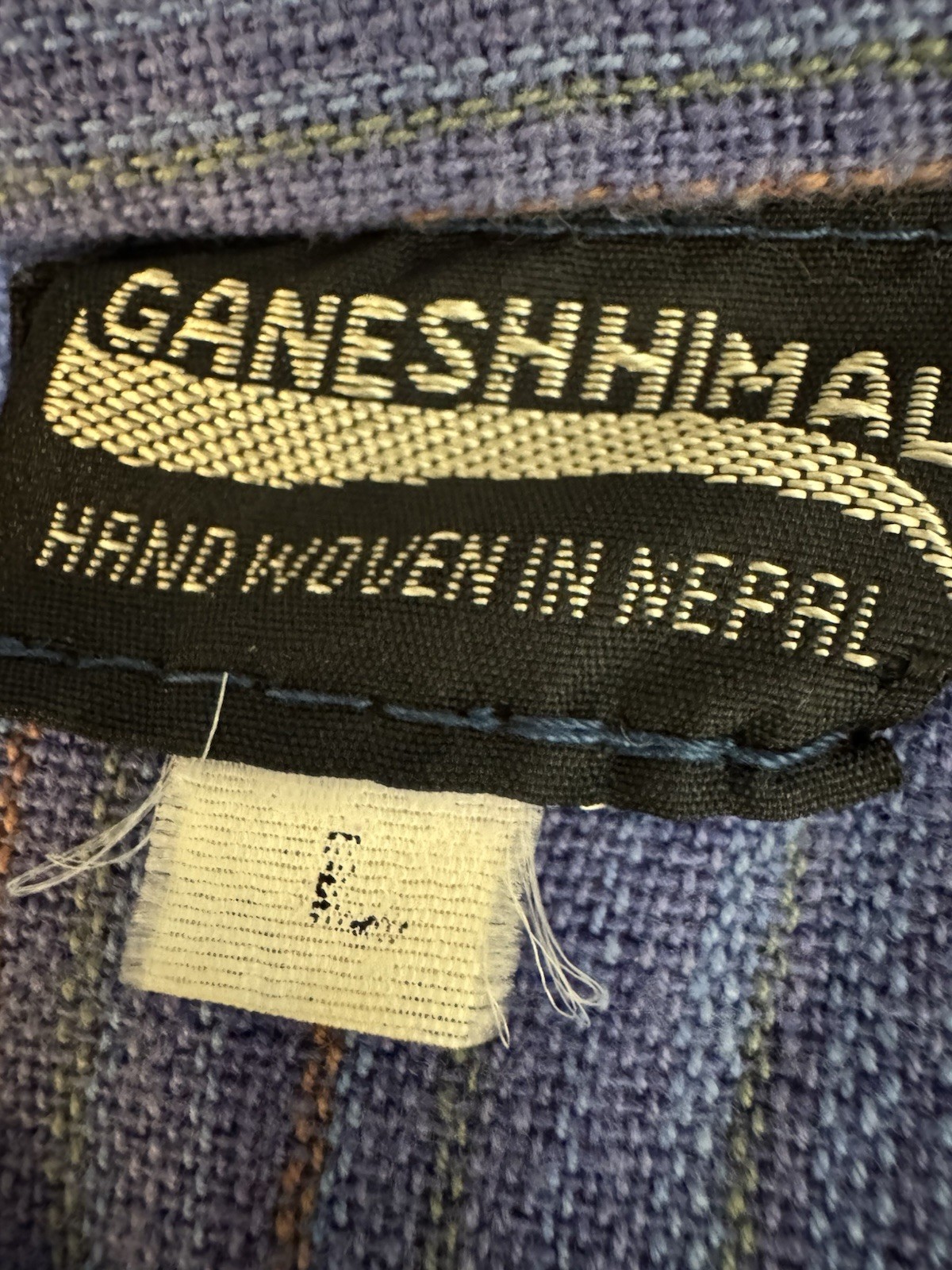 Ganesh Himal Purple Striped Tunic Large Hand Woven Nepal Linen/Cotton Button Up