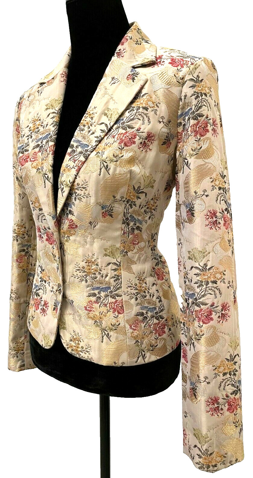 Vintage Cache Womens Oriental Evening Jacket Sz 6 Beige Floral Metallic Brocade