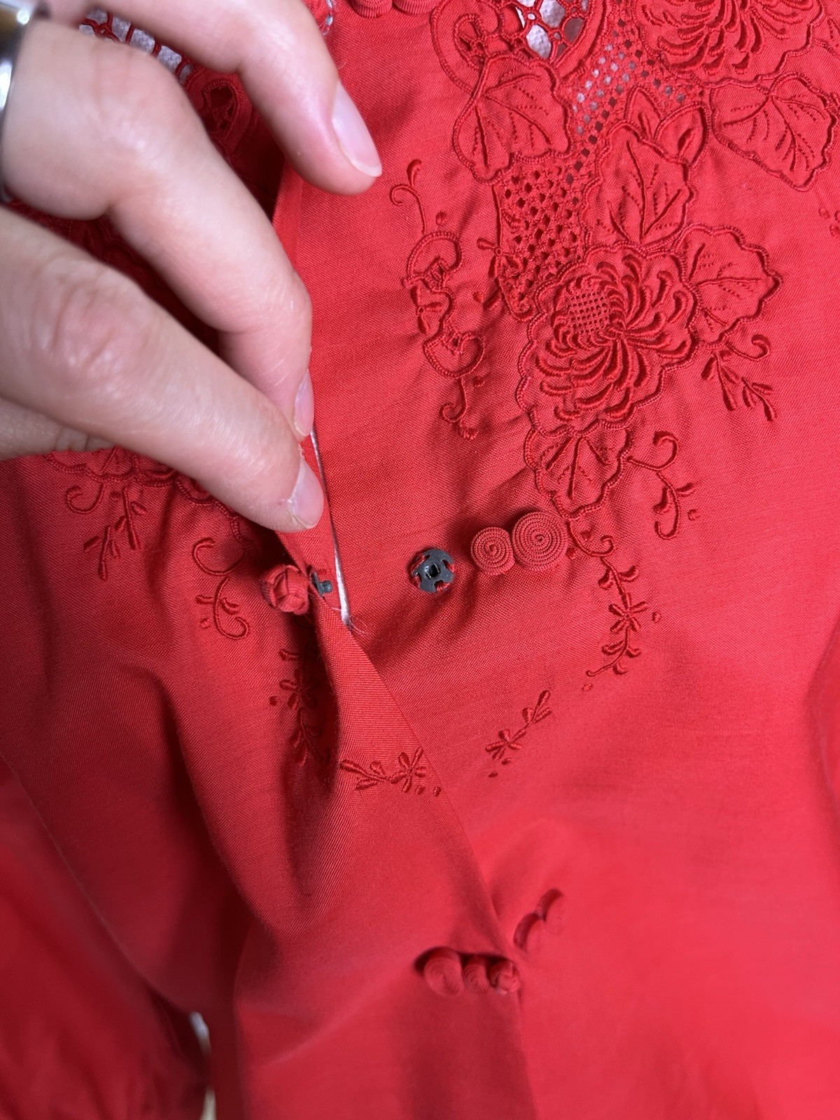 Vintage Daffodil Red Embroidered Blouse S Artsy Lace Button Top China Style Rare