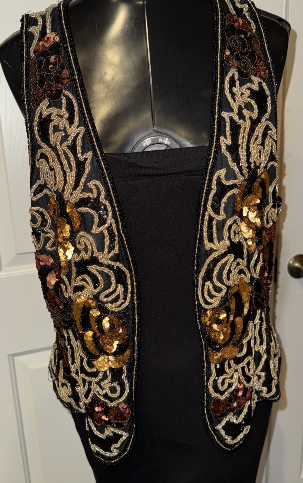VINTAGE 80&rsquo;s Silk Beaded Sequin Vest BLACK TIE BY HE-RO Black Gold Copper L