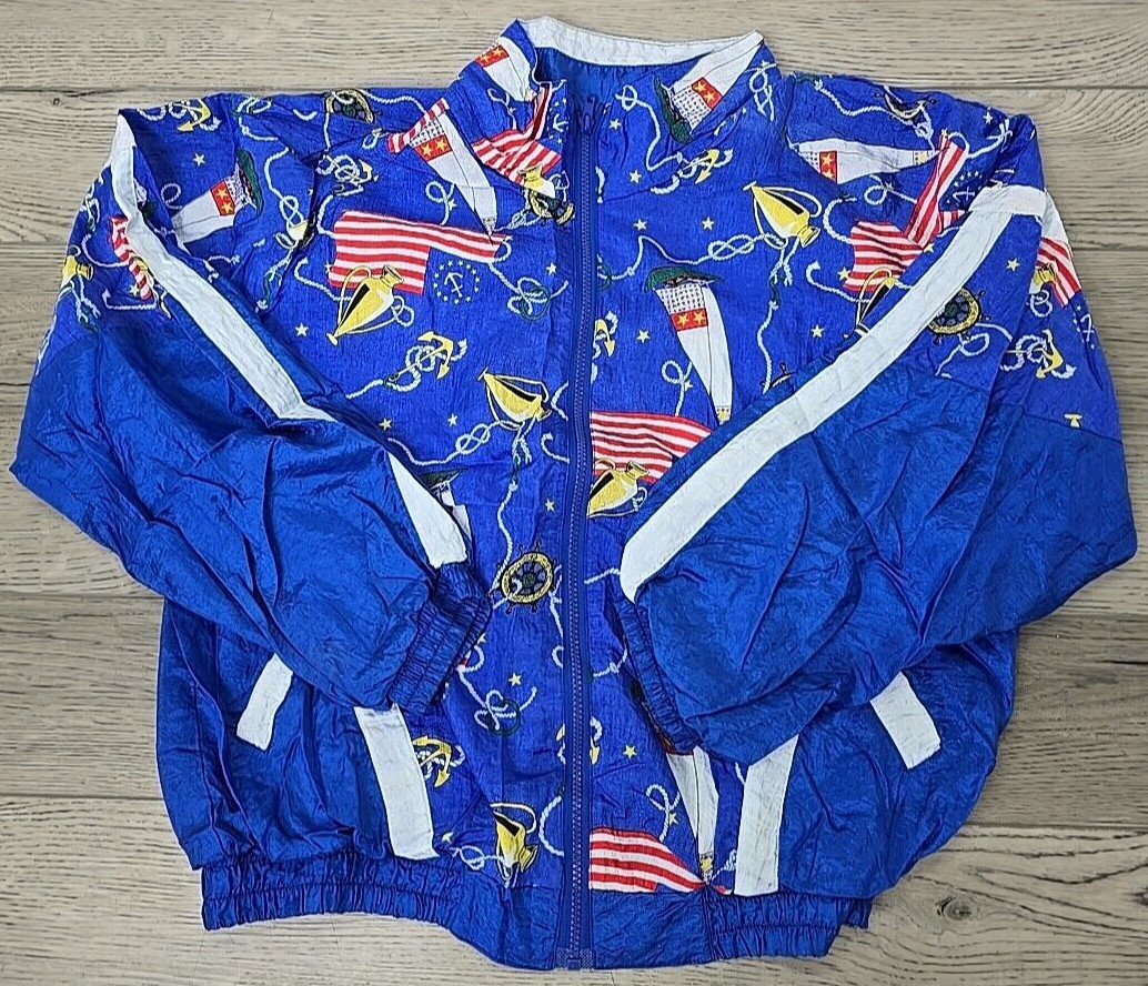 Vtg Basic Rituals Nautical Patriotic Blue Nylon Jacket & Pant Track Suit – Sz L