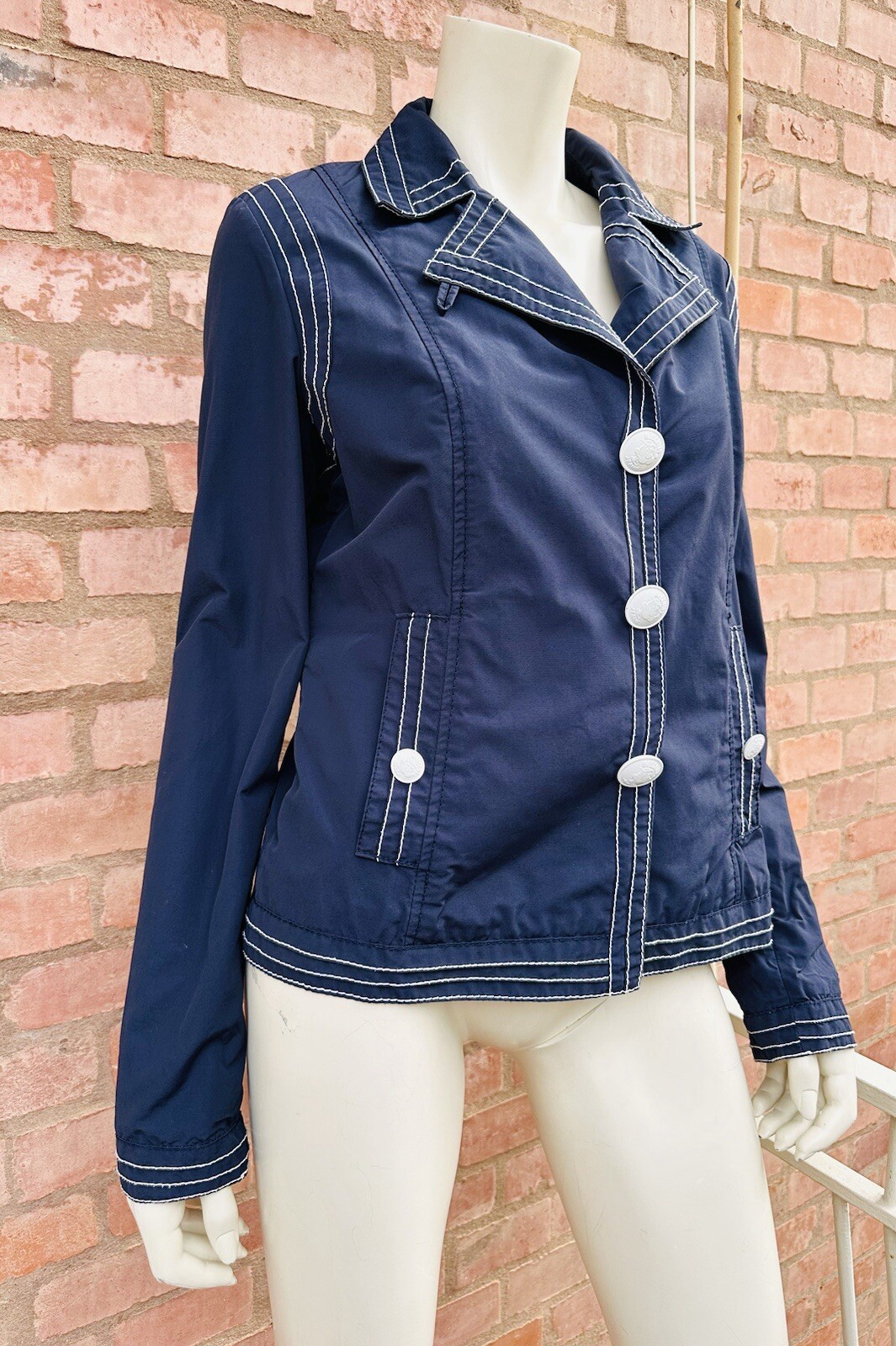 MOSCHINO Blazer Jacket Short Navy Blue White Popeye Buttons Cartoon Size IT 46 L
