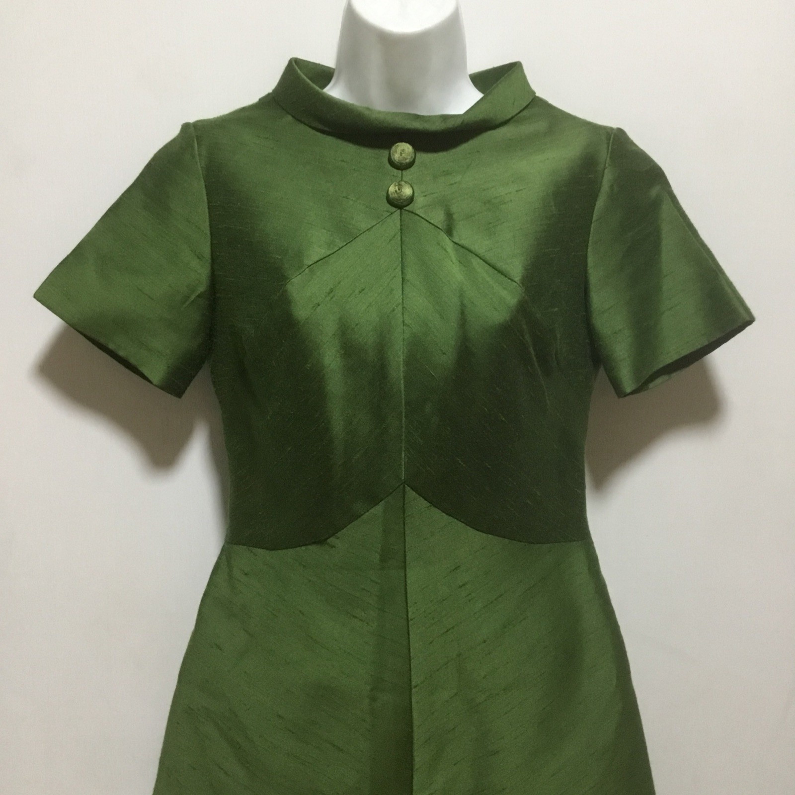 60s Forest Green Mod Mini Shift Dress VTG Sz 8 S Slubs Shantung ? Lined