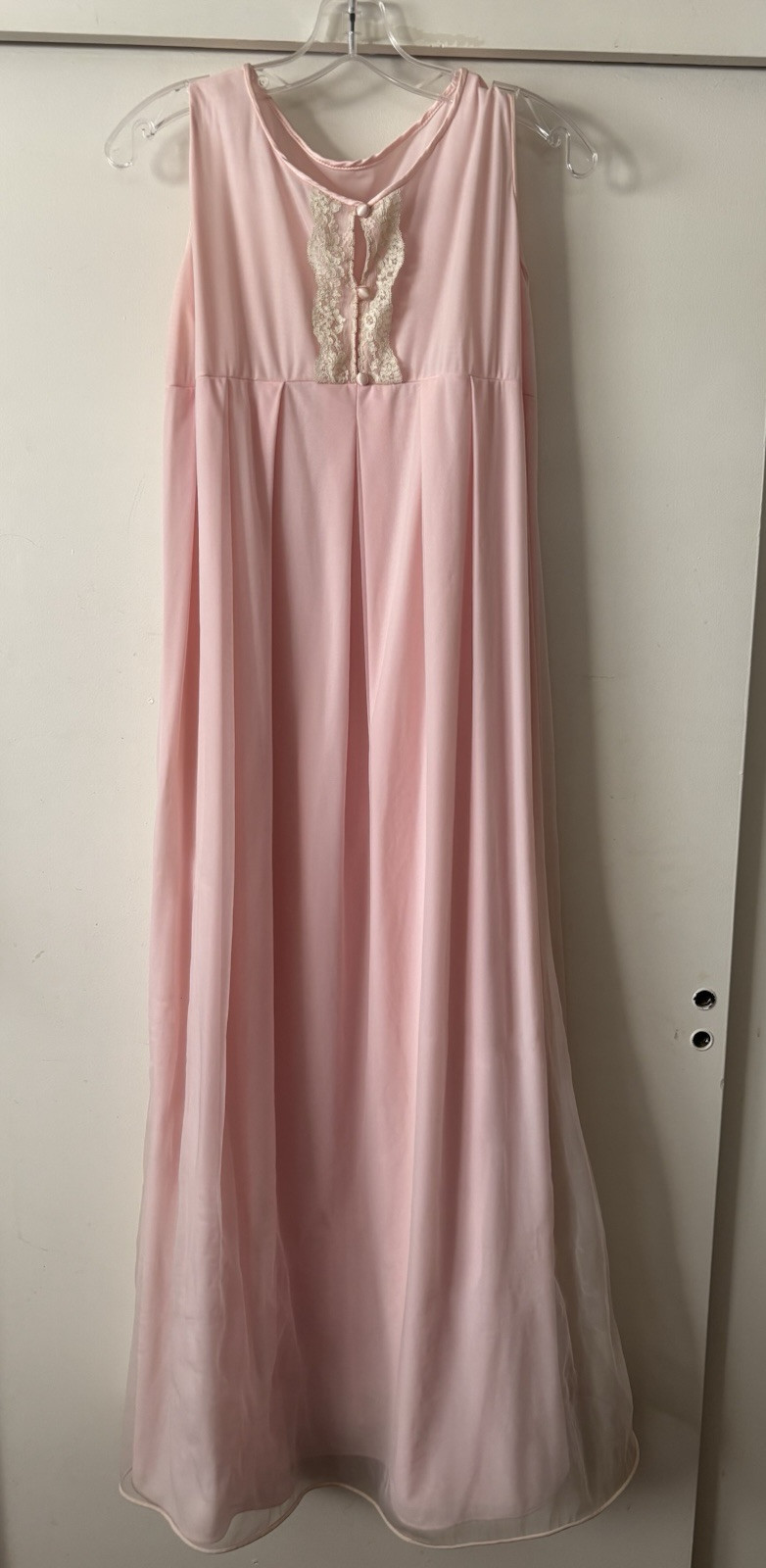 Vtg Hollywood Glamour Delicate Pink Pleated Long Oversized Nightgown Size Small